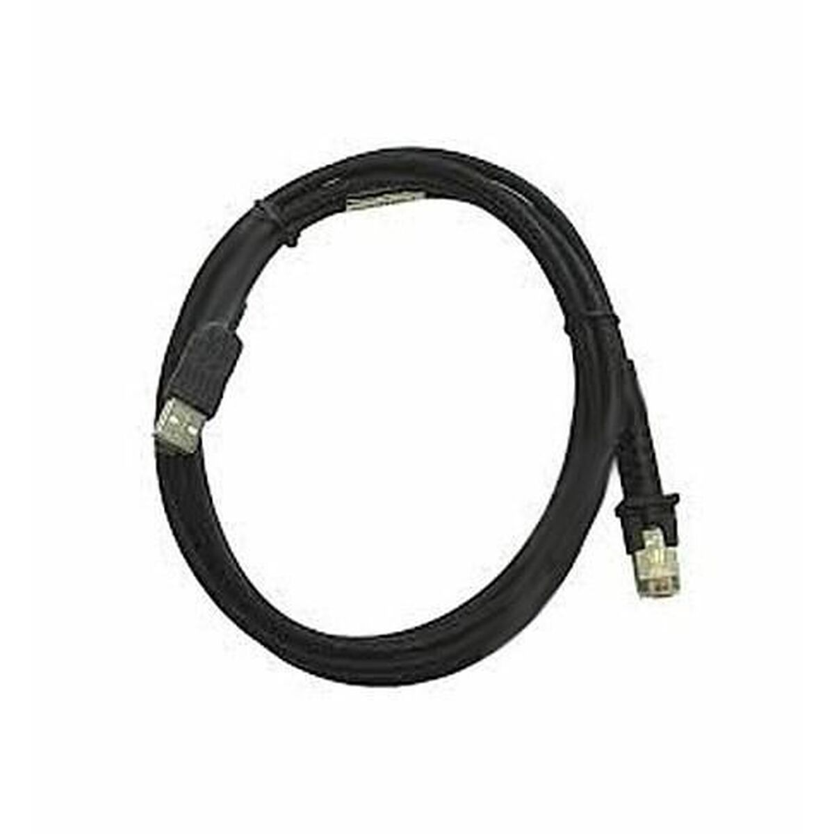 Un cavo USB nero con connettori a ciascuna estremità, mostrato su sfondo bianco.