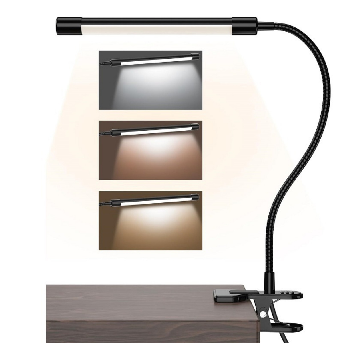 Schwarze Schreibtischlampe mit flexiblem Hals und Klemme. Zeigt verschiedene Lichteinstellungen.