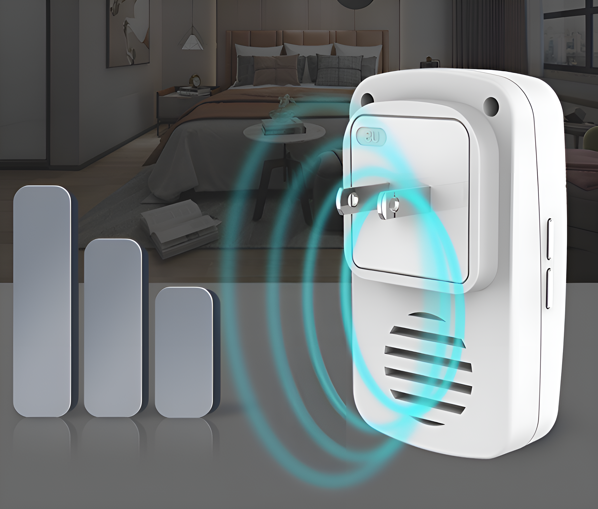 Ein weißes Plug-in-Gerät mit einer blauen Wellengrafik. Drei Balken werden ebenfalls angezeigt.