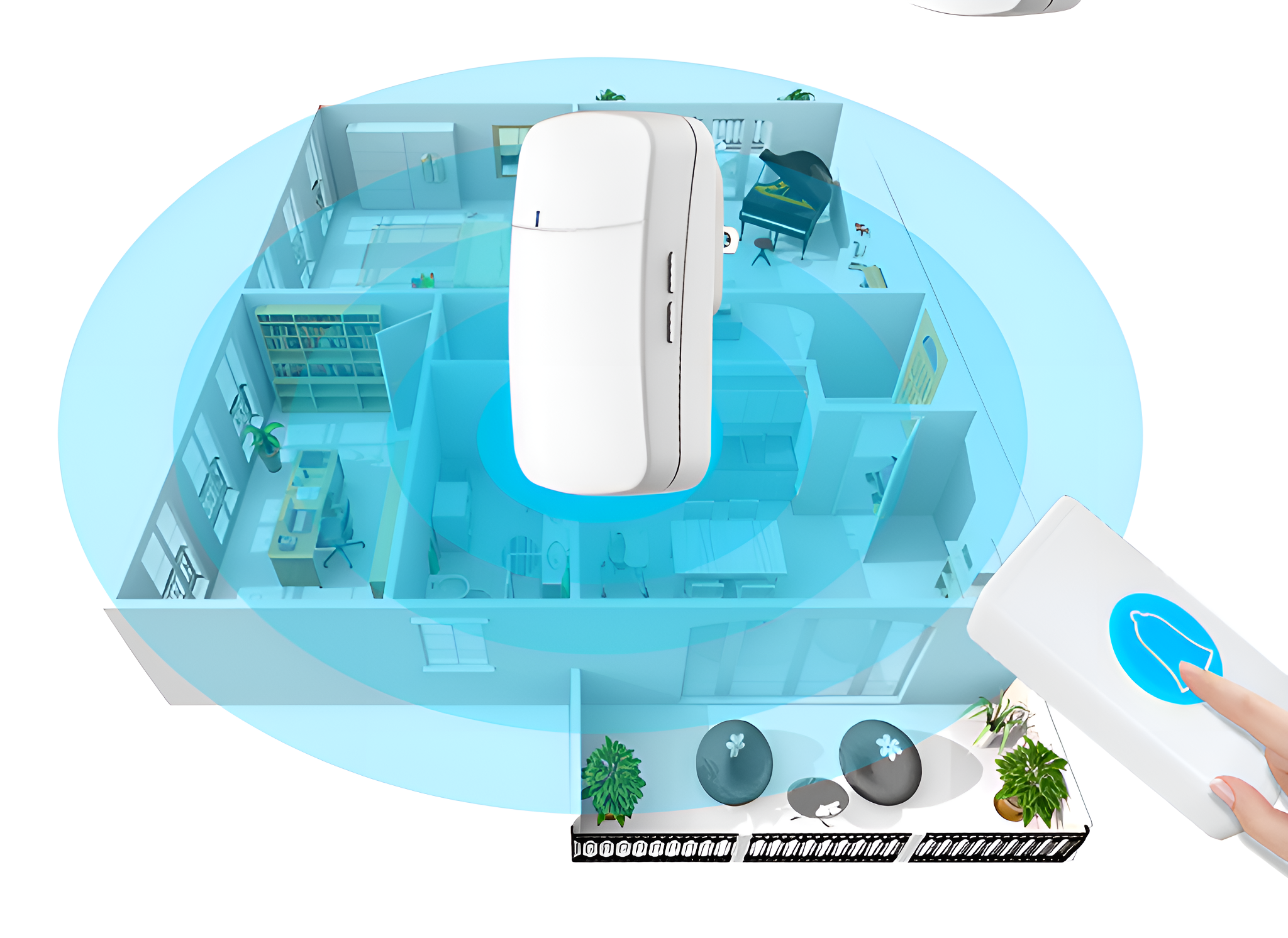 Ein Diagramm zeigt ein Smart Home mit einer Türklingel und einem Empfänger, der die WLAN-Reichweite anzeigt. Eine Hand drückt die Türklingel.