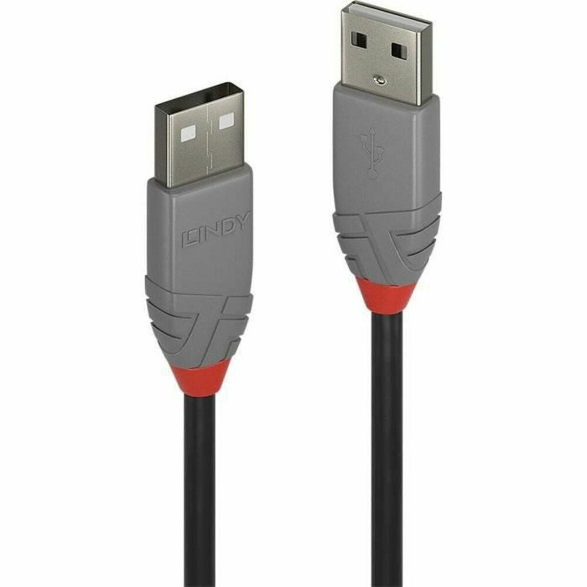 Deux câbles USB gris avec des accents rouges. Les deux ont des connecteurs USB rectangulaires et carrés.