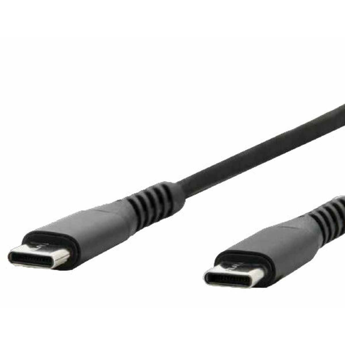 Cavo USB-C nero, primo piano, due estremità mostrate con connettori.