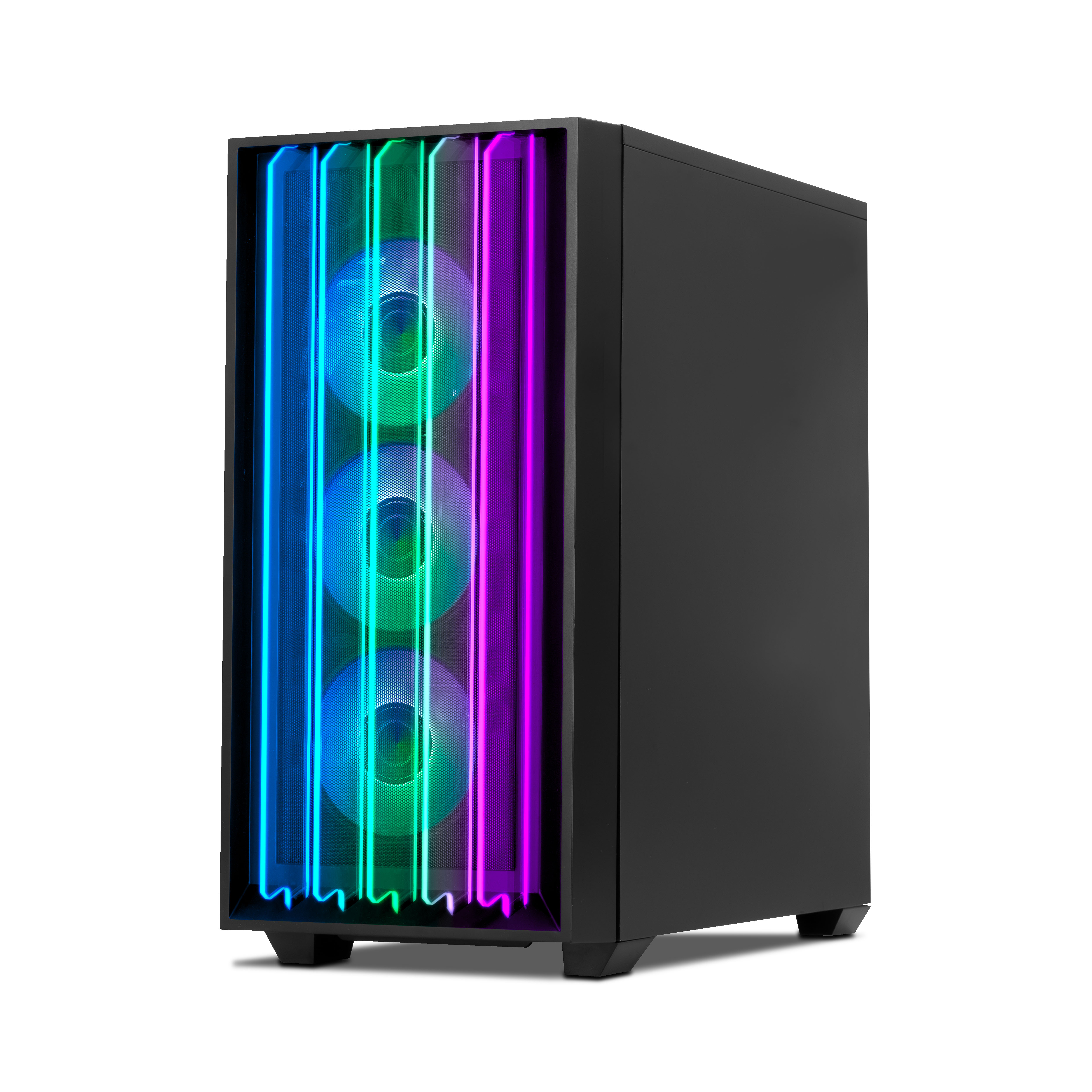 Case per computer nero con luci LED colorate dietro il pannello frontale. Il case è su una superficie bianca.