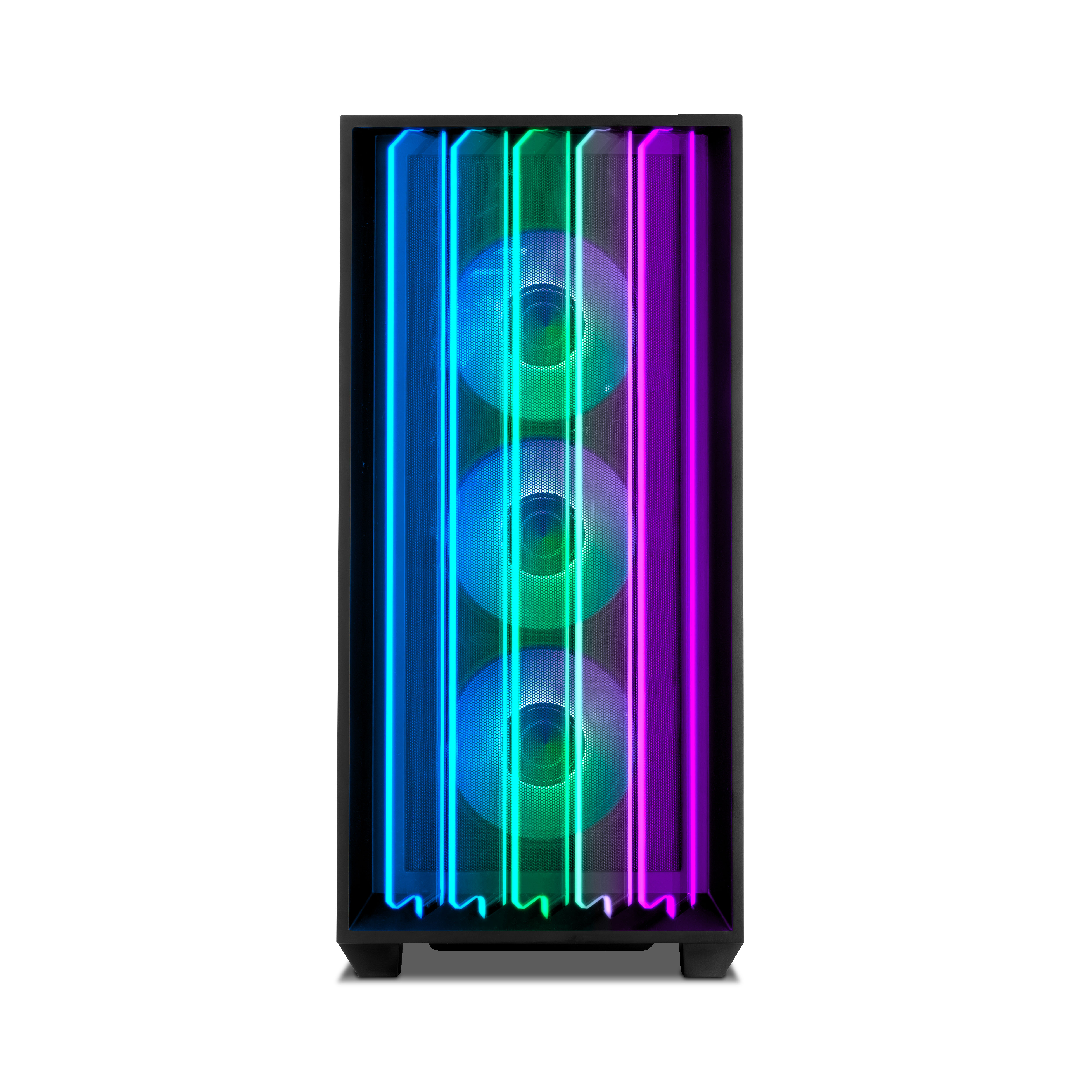Case per PC nero con ventole a LED colorate. La parte anteriore ha strisce verticali. Le ventole hanno un design circolare.