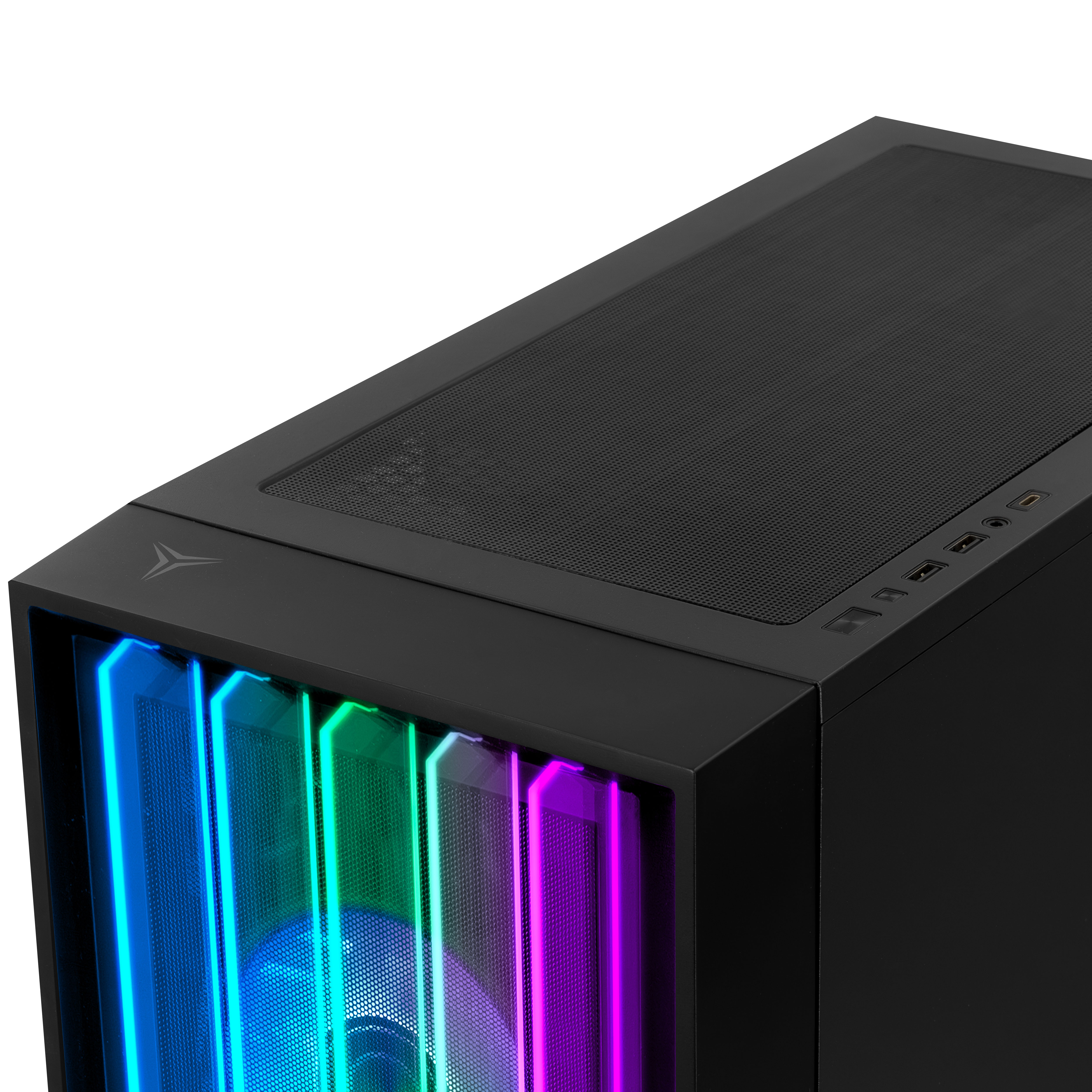 Case per computer nero, vista frontale, angolata. Illuminazione RGB all'interno.