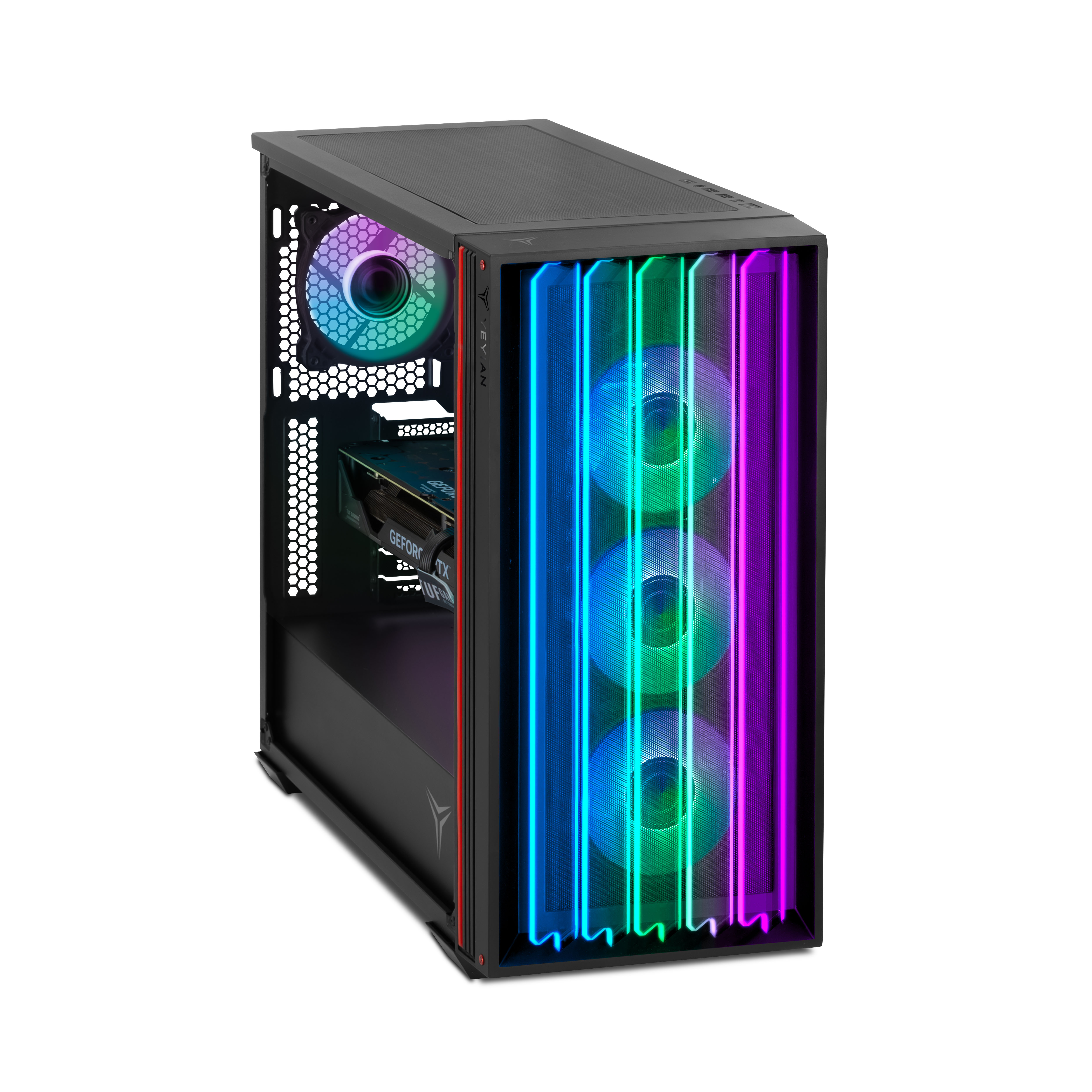 Case PC nero con ventole RGB. La parte anteriore ha luci RGB verticali. Il case è su sfondo bianco.