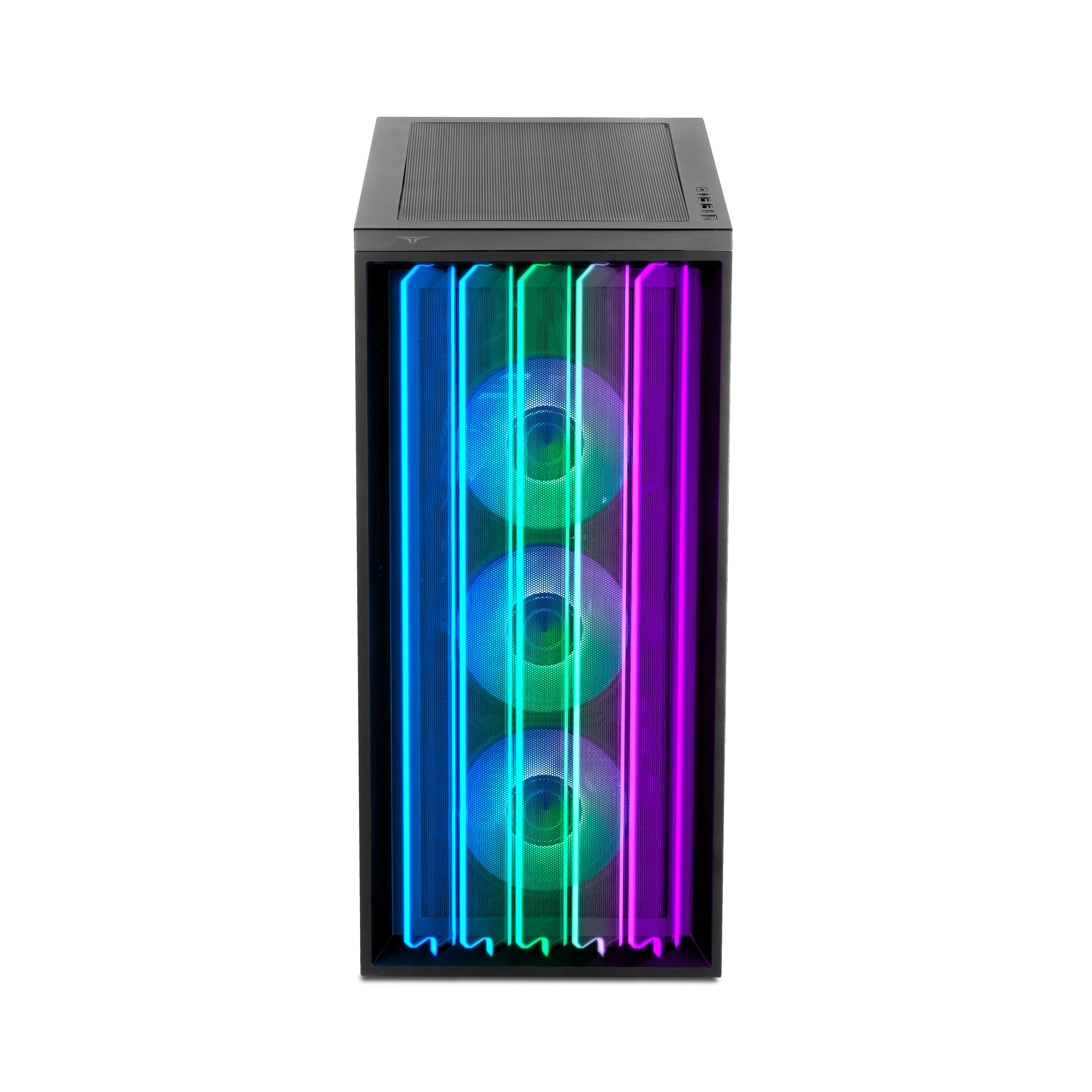 Case per computer con illuminazione RGB. Il pannello frontale ha tre ventole con luci colorate. Il case è nero.