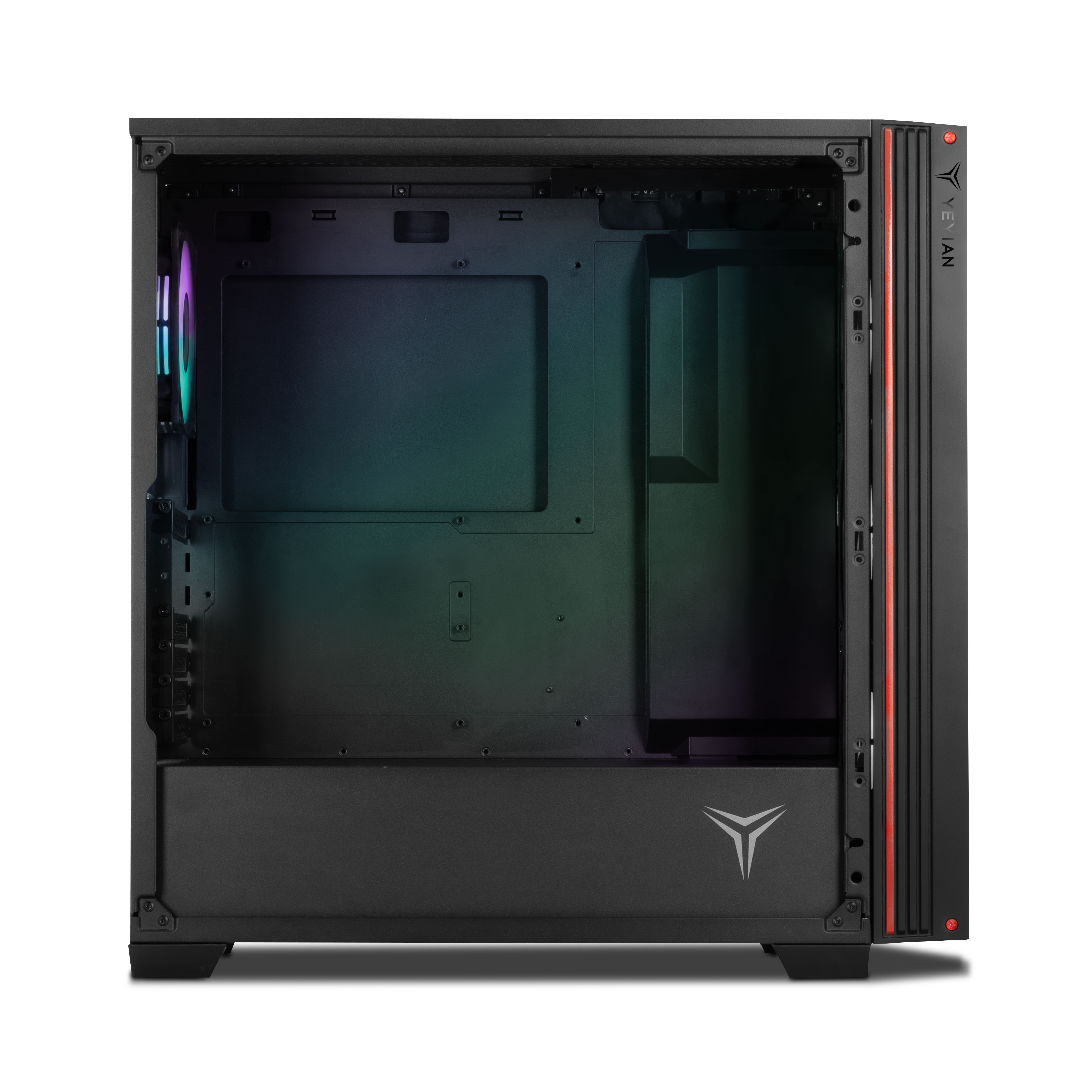 Case PC nero, aperto, con accenti rossi e luci.