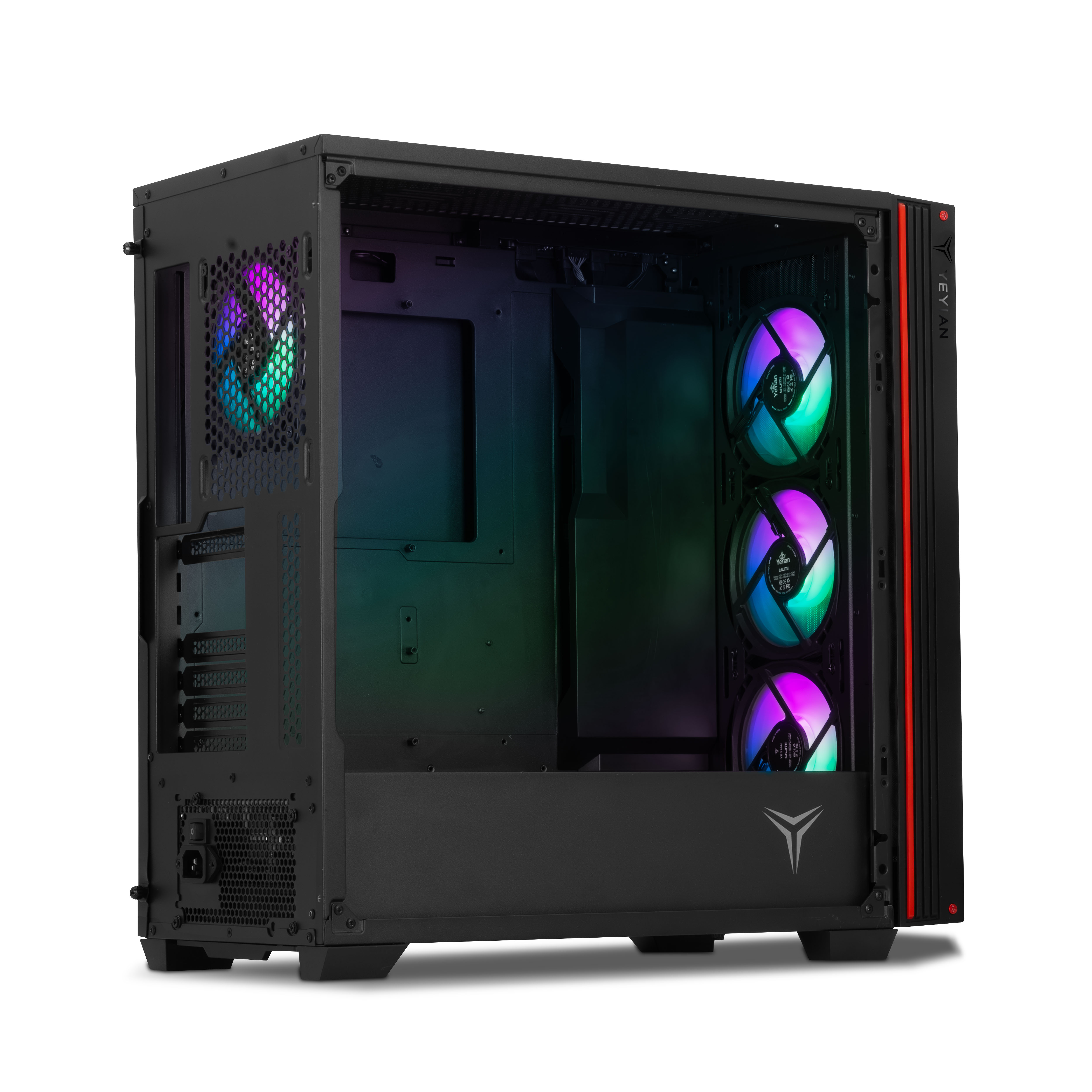 Case PC nero con pannello laterale trasparente, tre ventole colorate e accento rosso laterale, angolato su bianco.