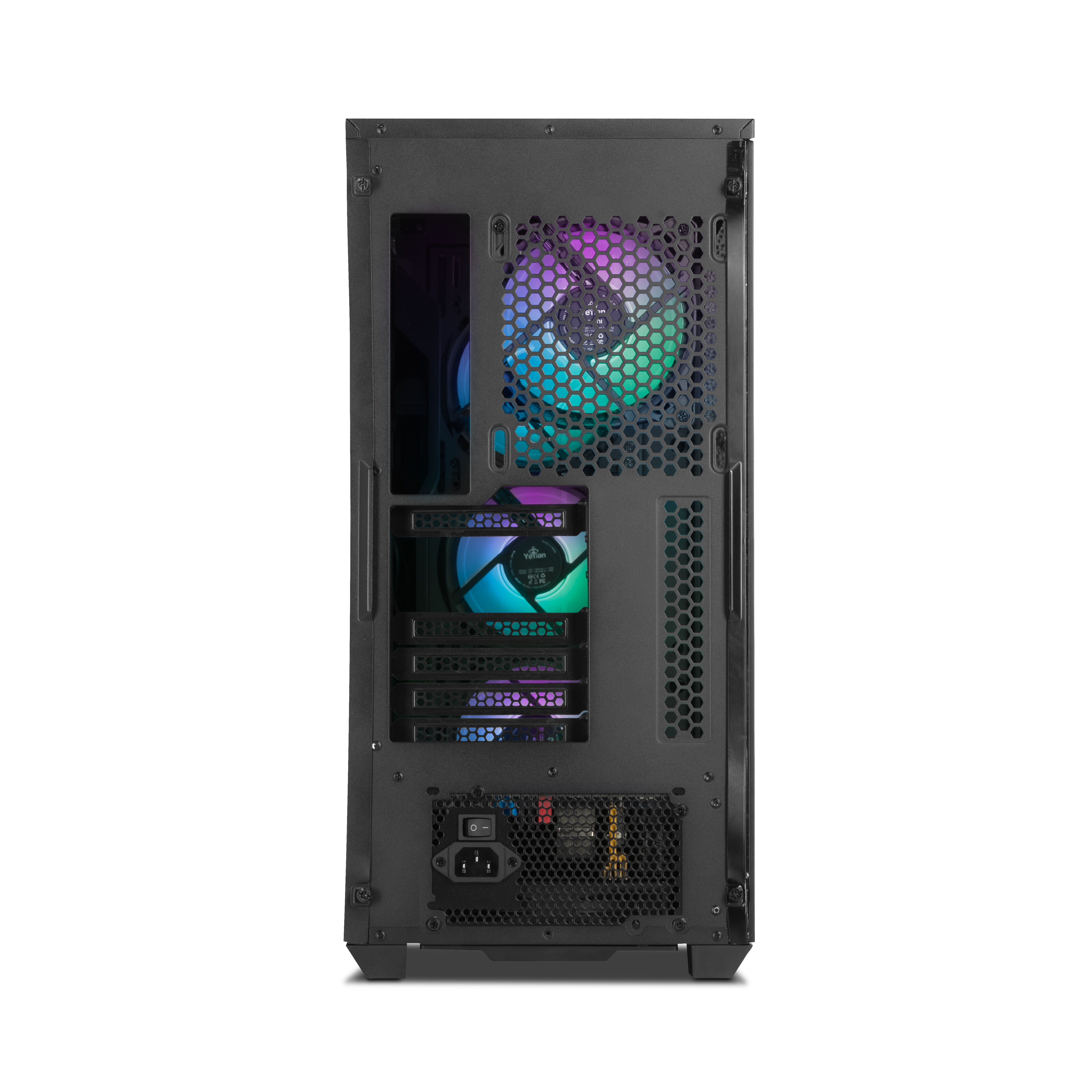 Parte trasera de una caja de ordenador negra con ventiladores iluminados.