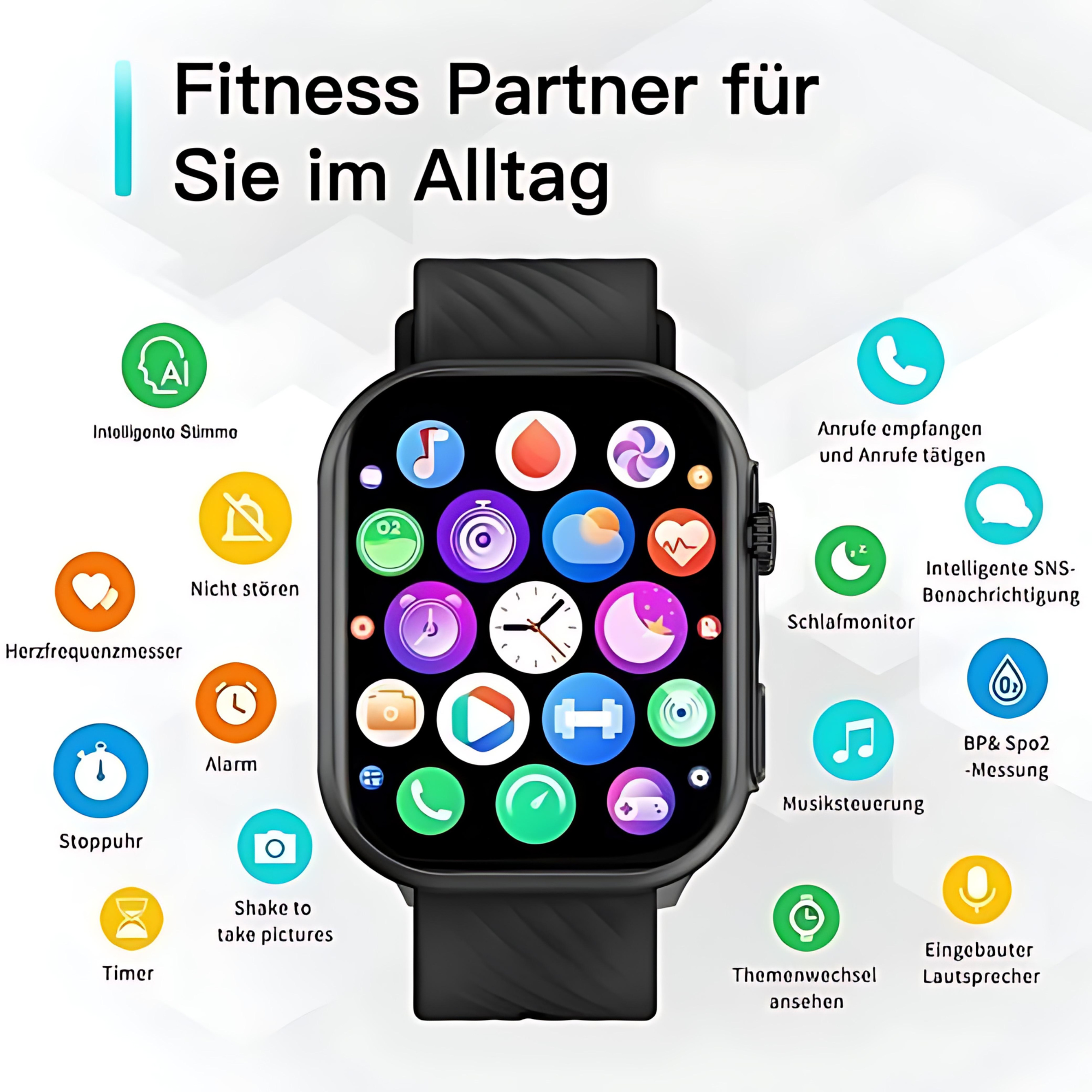 Smartwatch pokazujący ikony aplikacji fitness, czarny pasek i funkcje monitorowania zdrowia.