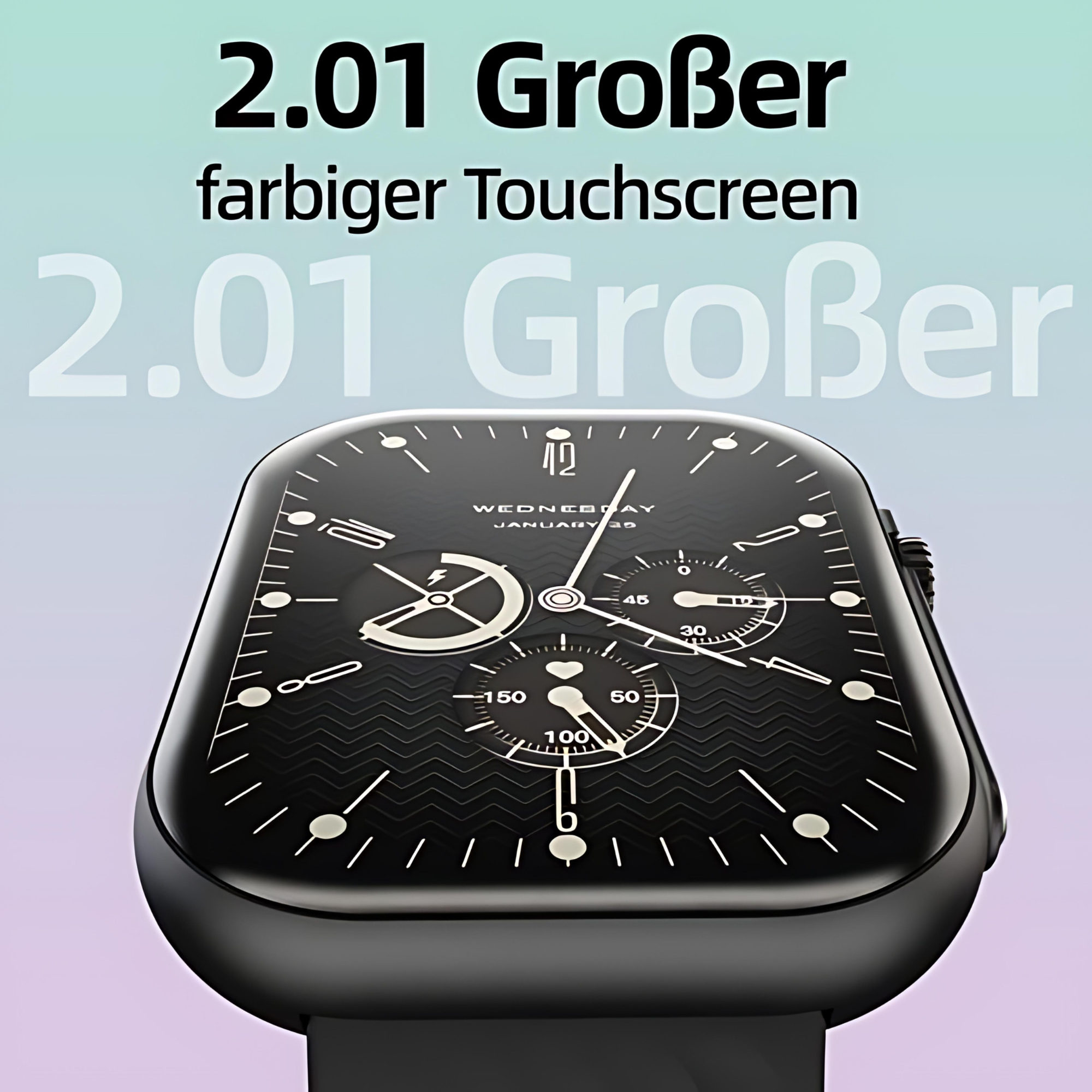 Czarny smartwatch z prostokątną tarczą wyświetla godzinę, z tekstem: "2.01 Großer farbiger Touchscreen".