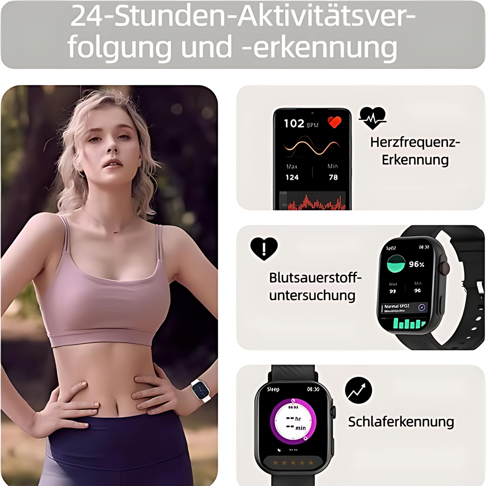 Kobieta nosząca smartwatch, pokazująca tętno, tlen we krwi i monitorowanie snu na czarnym tle.