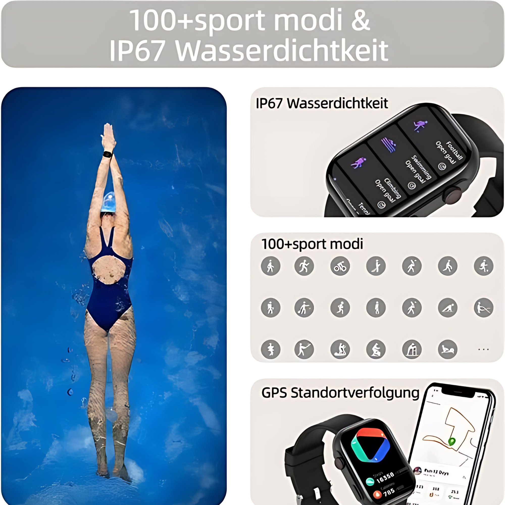 Kobieta pływa w basenie. Obraz zawiera smartwatch z danymi fitness i ikonami.