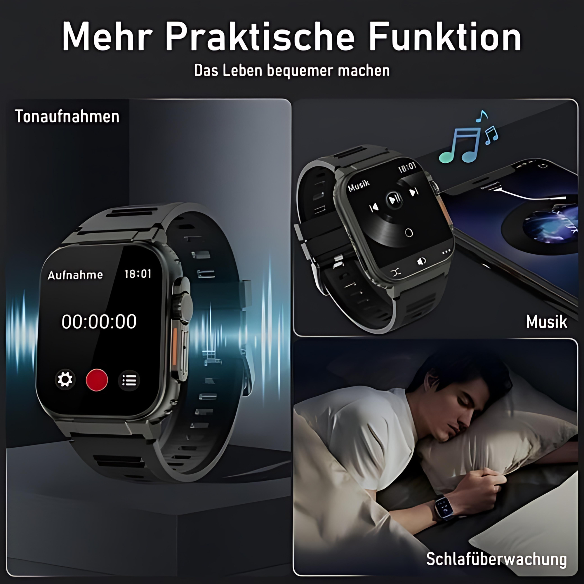 Smartwatch wyświetlający czas, elementy sterowania muzyką i monitorowanie snu. Pokazano trzy obrazy.