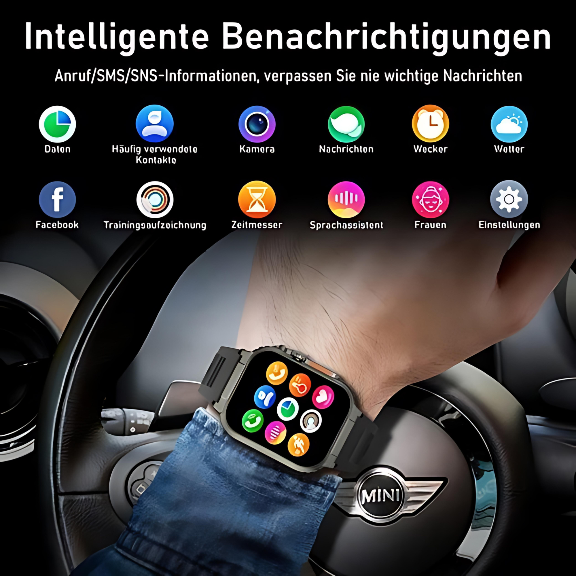 Person trägt Smartwatch, Symbole auf dem Bildschirm, Lenkrad im Hintergrund.