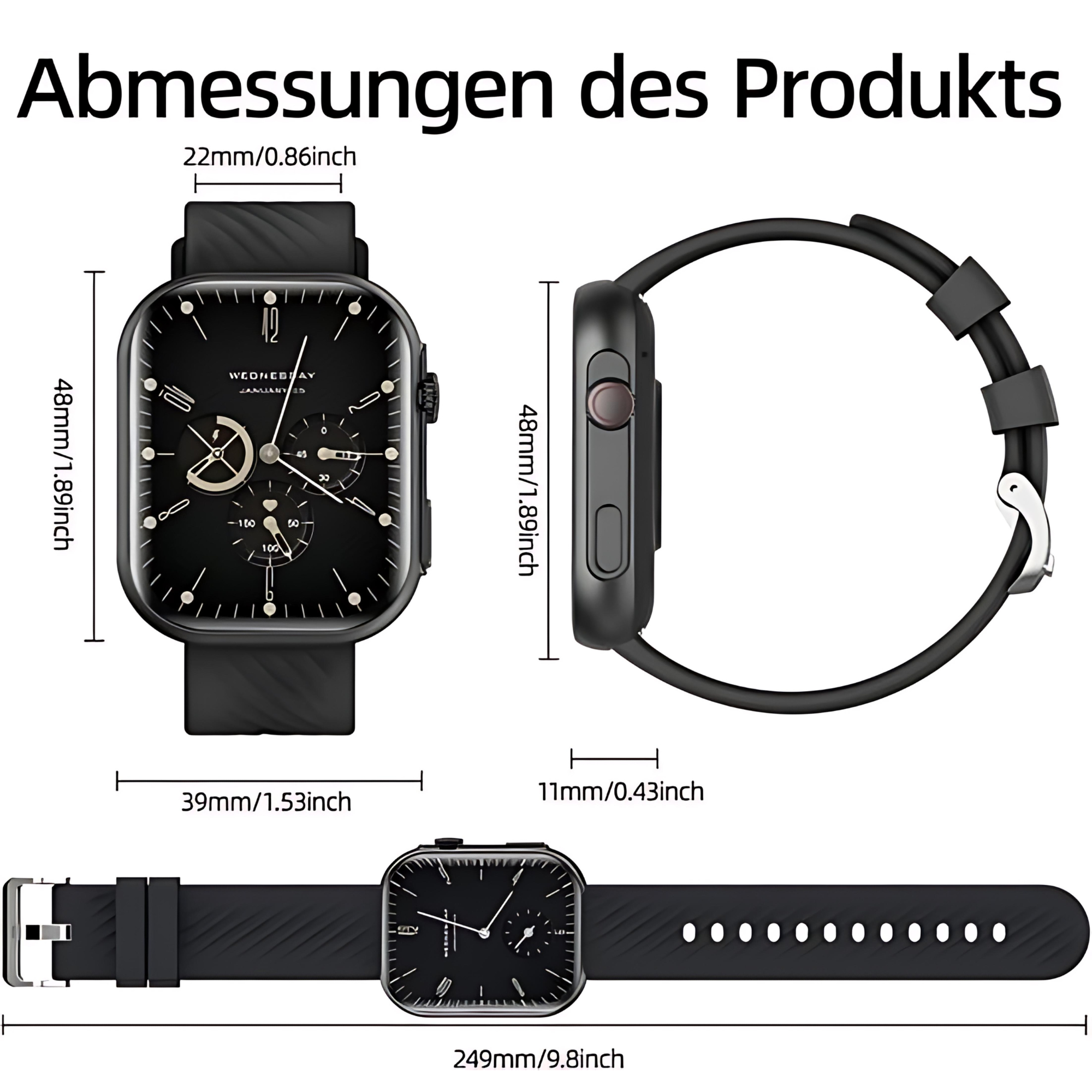 Czarny smartwatch z wymiarami. Pokazuje czas. Czarny pasek.