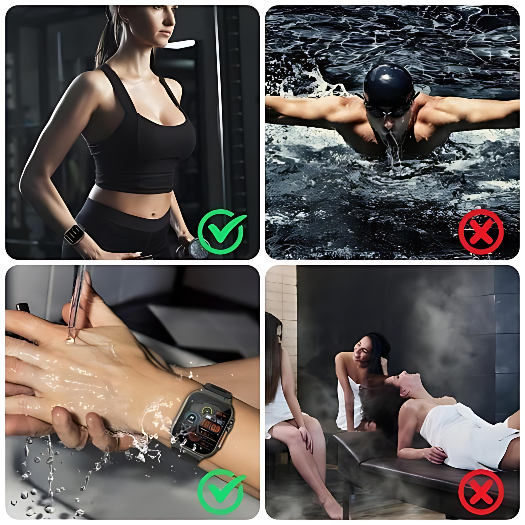 Smartwatch pokazany w użyciu. Zatwierdzone działania: siłownia i mycie rąk. Nie zatwierdzone: pływanie i sauna.