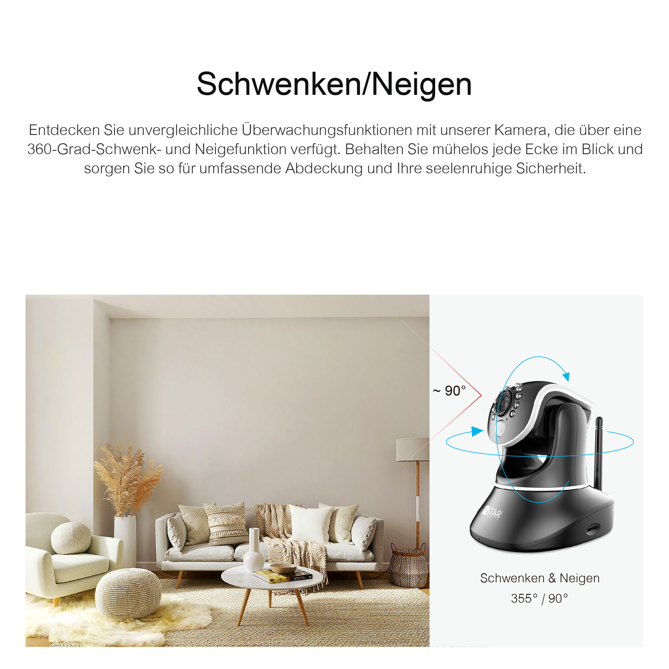 Zimmer mit Kamera. Text auf Deutsch, der Funktionen beschreibt.