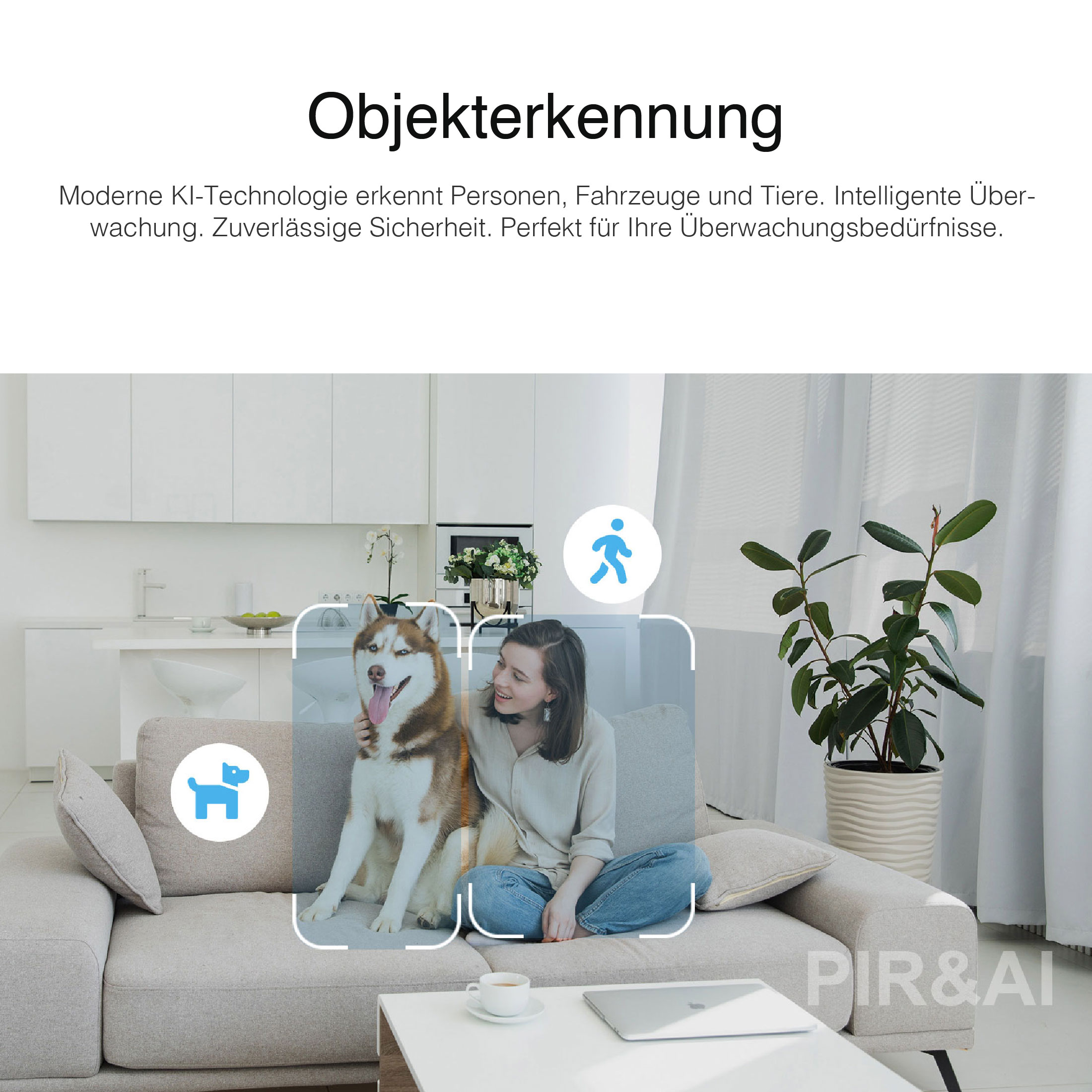 Eine Frau und ein Hund in einem Wohnzimmer, eine Kamera erkennt sie. Text zur Objekterkennung.