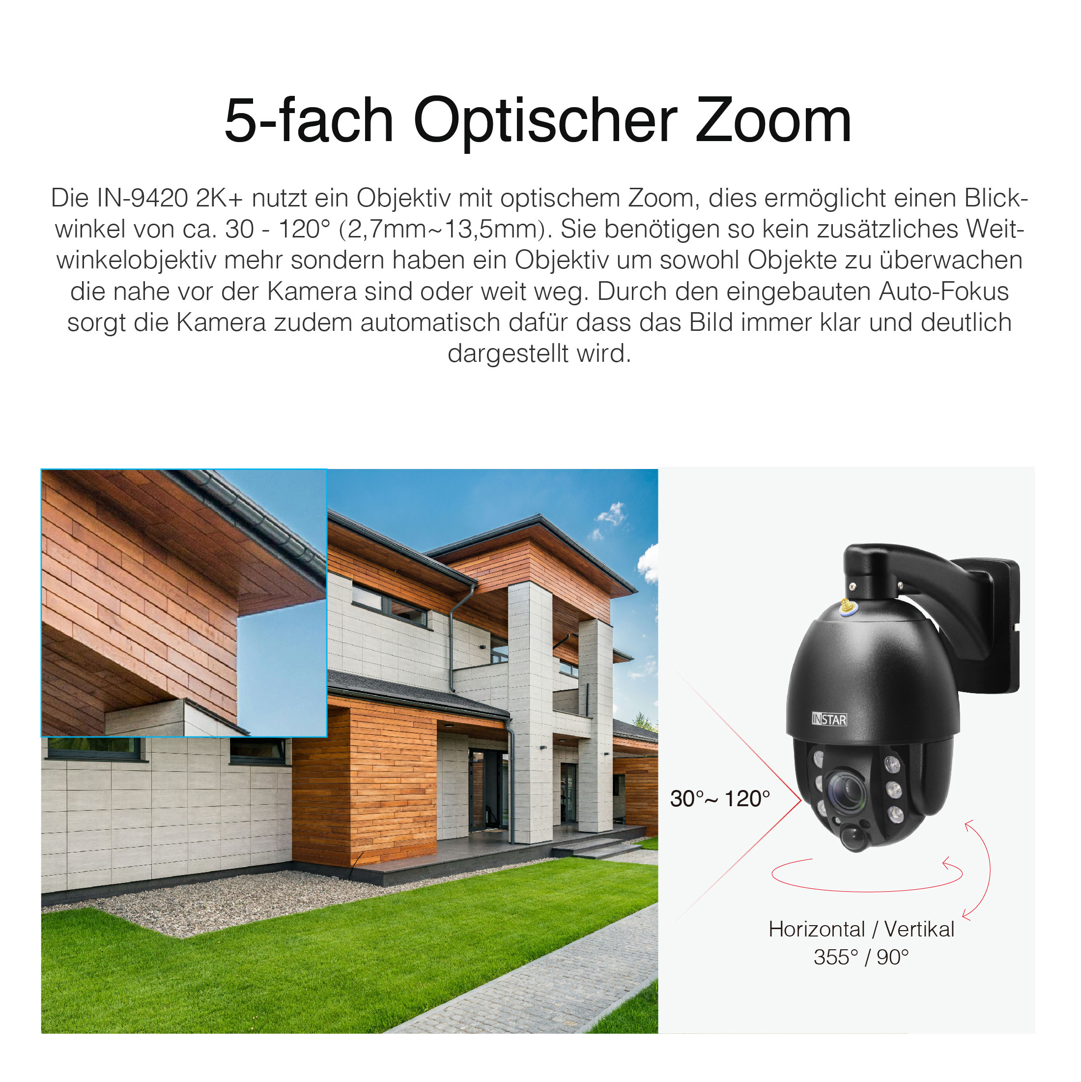 Schwarze Überwachungskamera an der Wand, Haus und Rasen im Hintergrund.