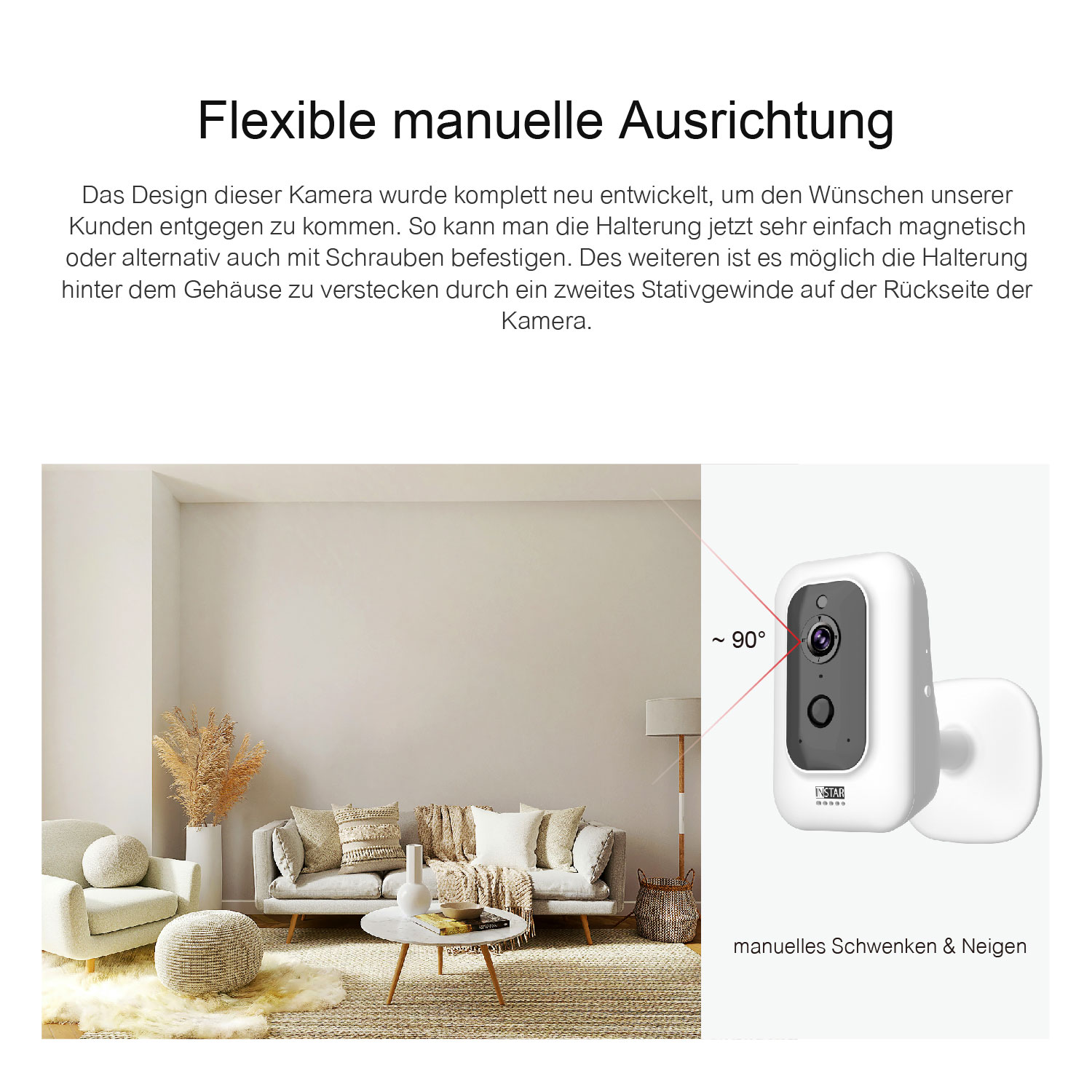 Weiße Kamera mit Wandhalterung an einer weißen Wand. Die Kamera zeigt in einem Winkel von etwa 90 Grad.