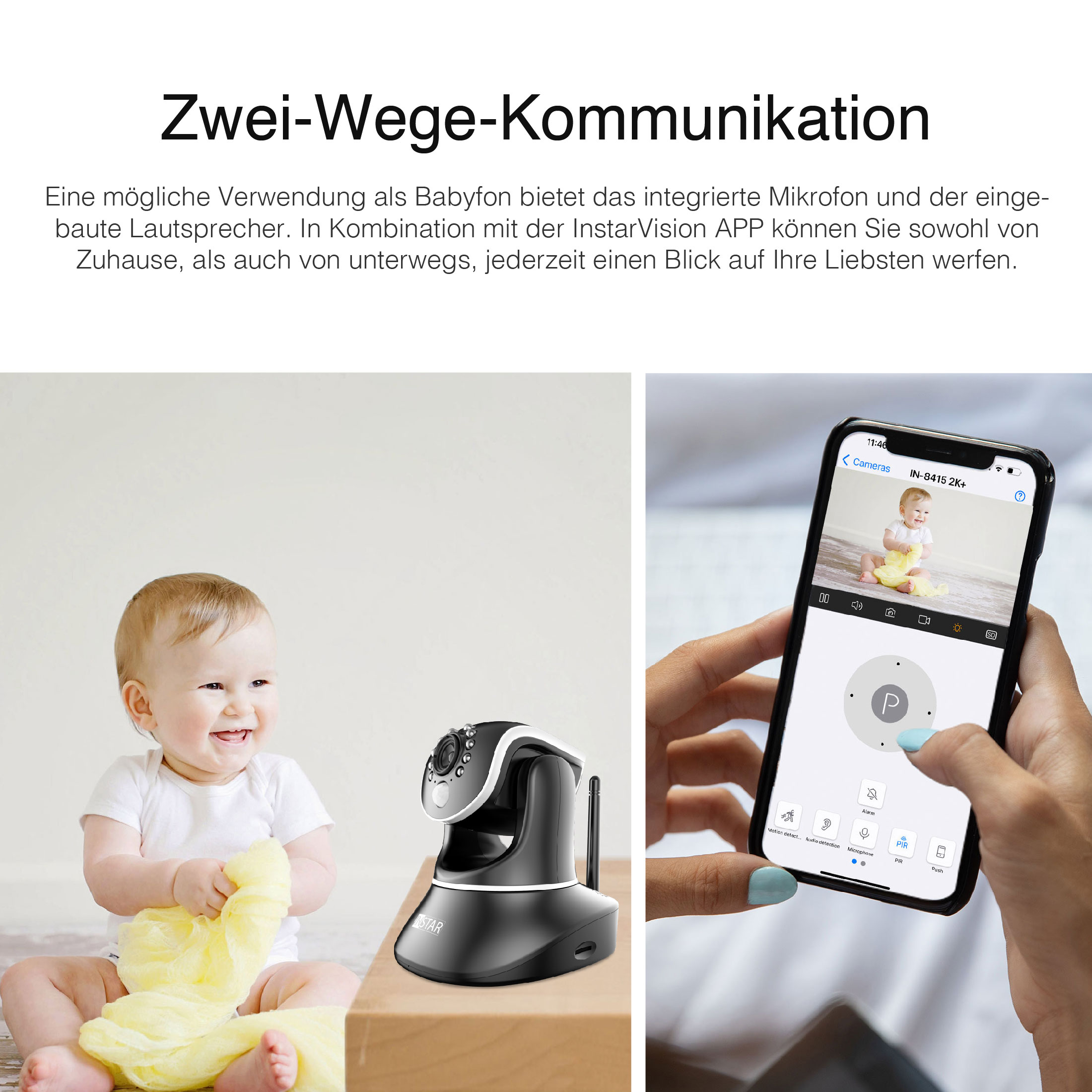 Babyphone mit Baby und Smartphone, das das Baby auf dem Bildschirm zeigt. Zwei-Wege-Kommunikation.