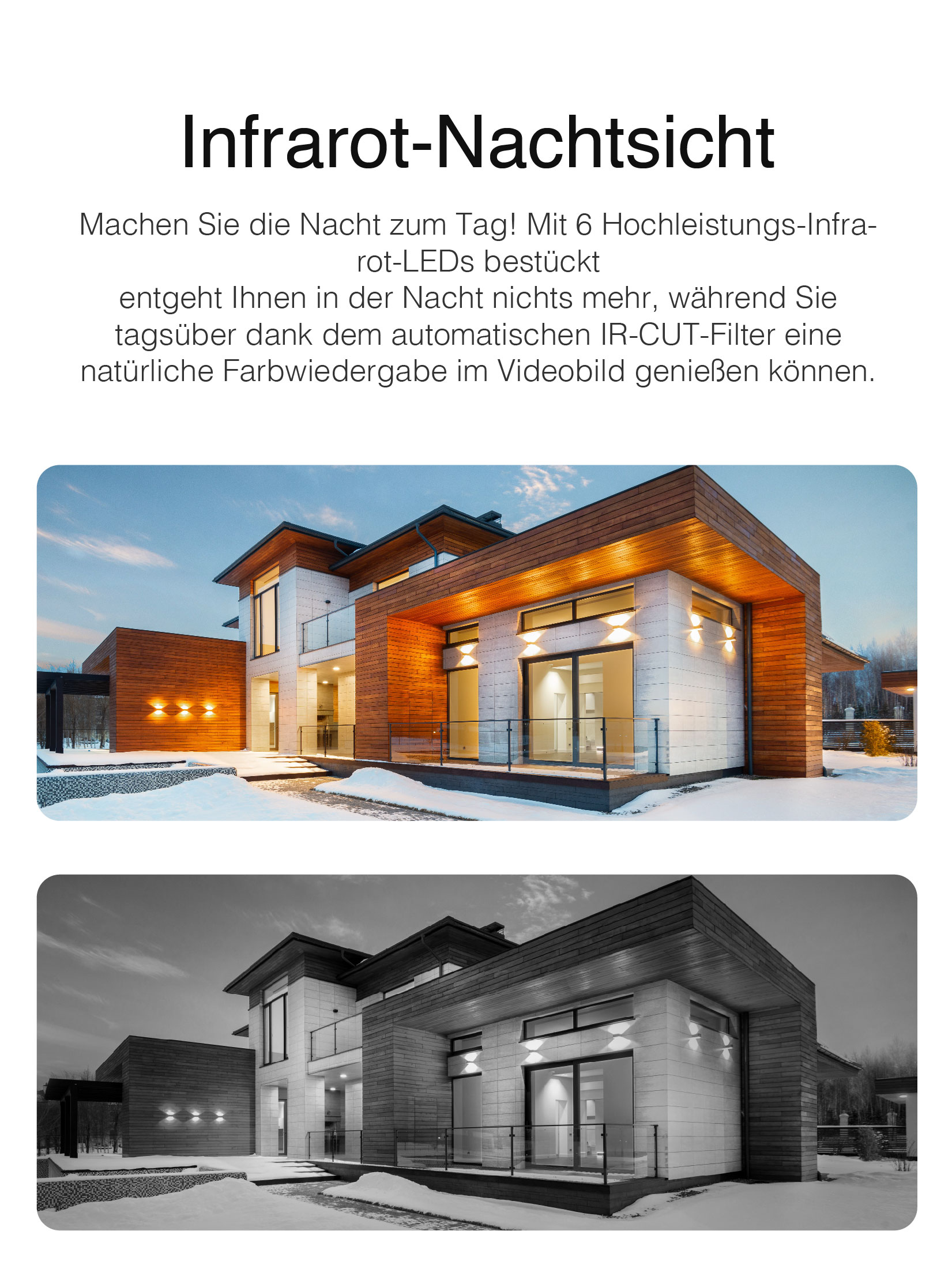 Ein Haus von außen bei Nacht, farbig und dann in Schwarzweiß-Infrarotansicht gezeigt.