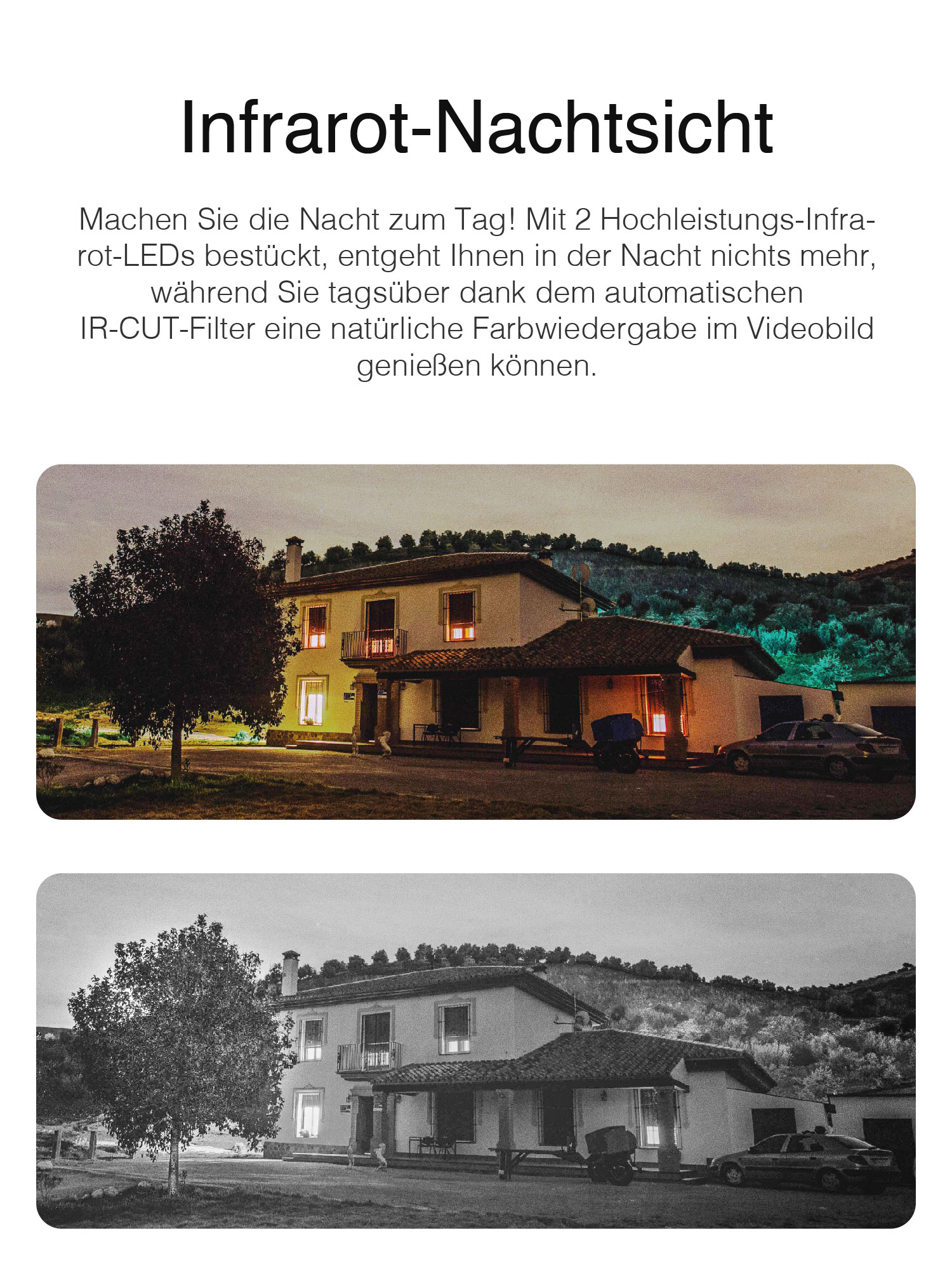 Zwei Fotos, die ein Haus bei Nacht zeigen, eines in Farbe und eines in Schwarzweiß.
