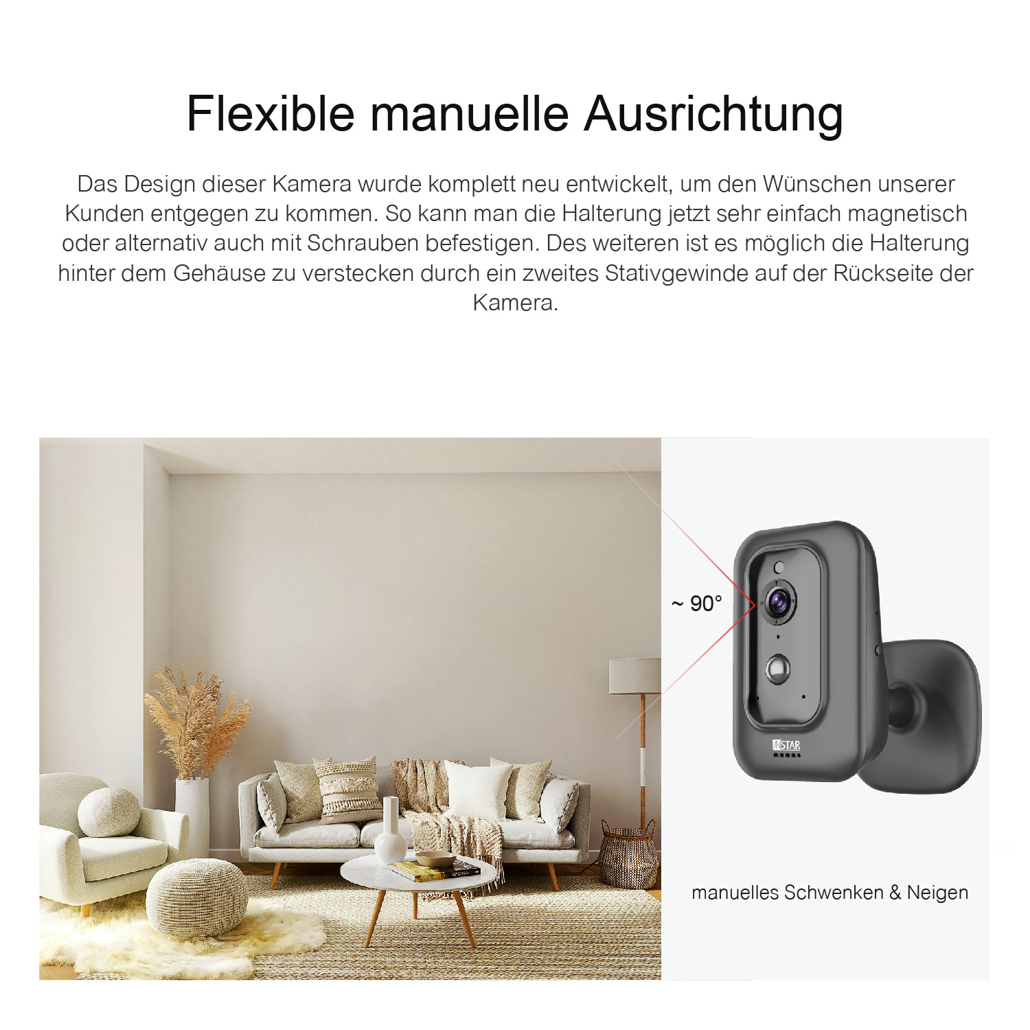 Eine Sicherheitskamera in einem Raum, mit Text über ihre Funktionen und Design, sowie ein Diagramm.