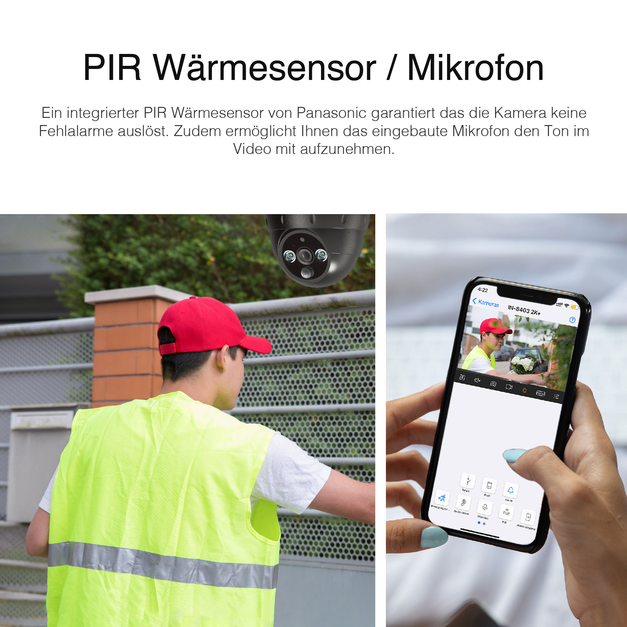 Mann in gelber Weste und roter Mütze in der Nähe eines Hauses, betrachtet einen Telefonbildschirm mit Kameraansicht.