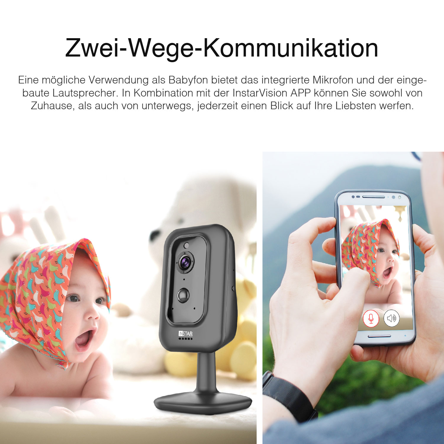 Ein Baby mit Kopftuch wird mit einem Babyphone gezeigt, das das Baby auf einem Telefonbildschirm anzeigt.