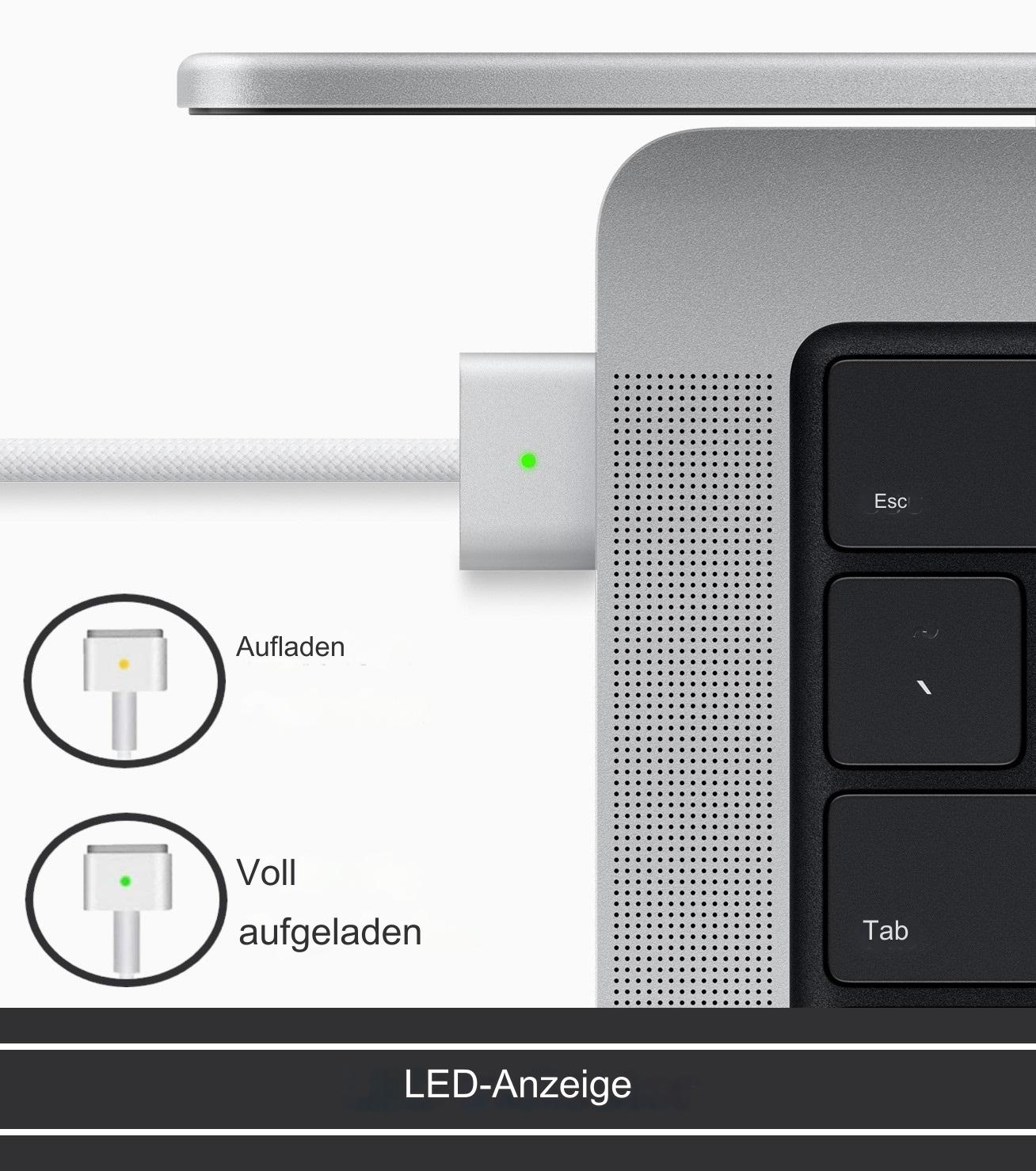 Close-up of a laptop charging port and a charging indicator with text "Aufladen" and "Voll aufgeladen".
