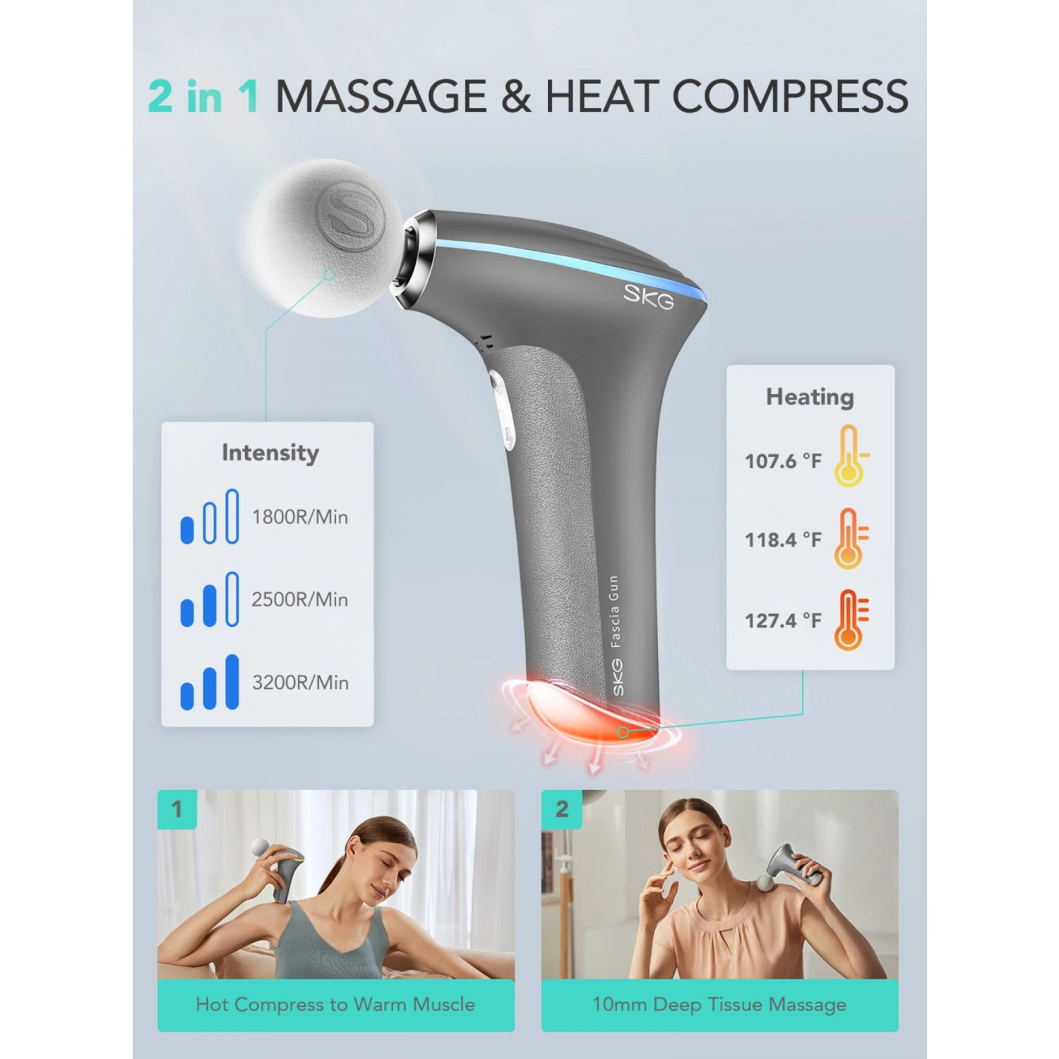 Massagegerät. Text: 2 in 1 MASSAGE & HEAT COMPRESS. Zeigt Intensitätsstufen und Temperatur.