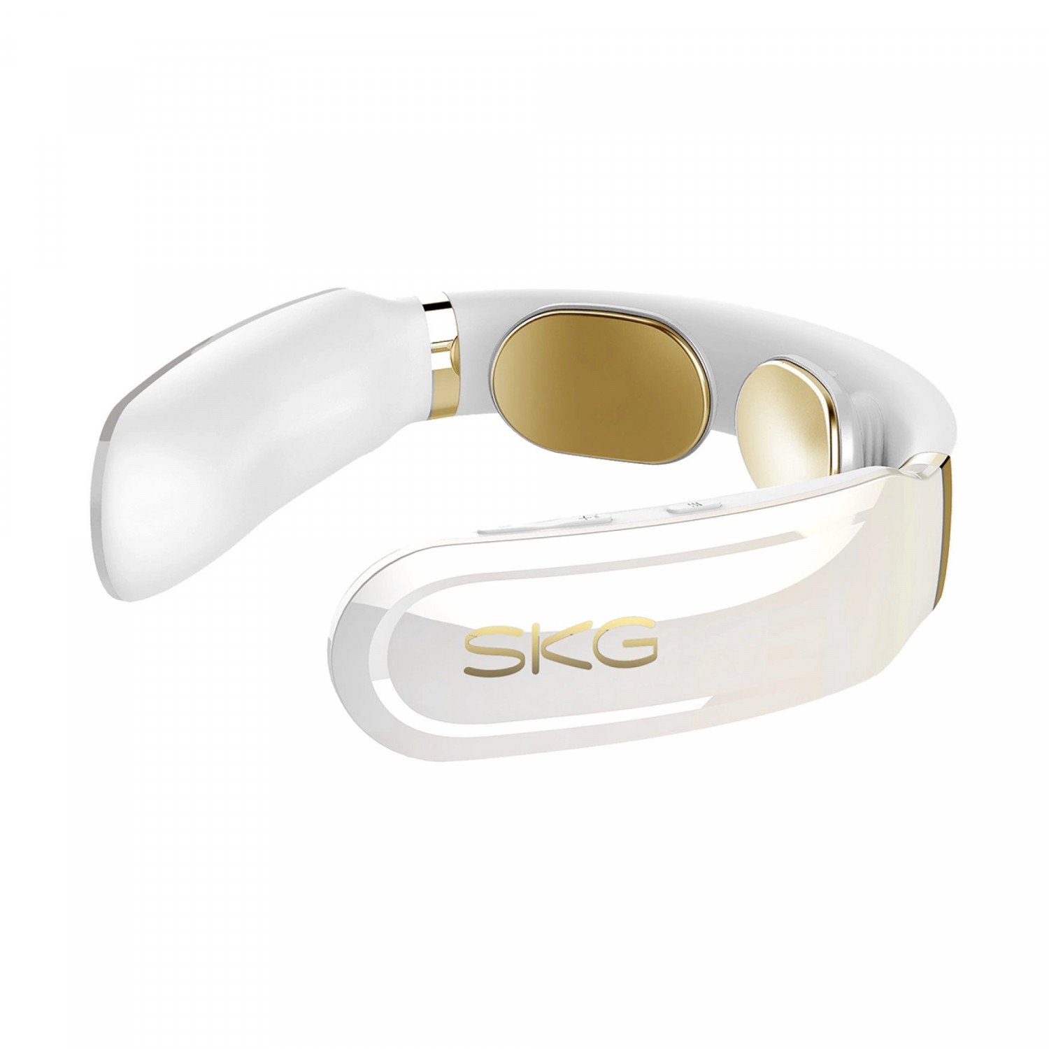 Massaggiatore per il collo bianco e oro. Con logo SKG.