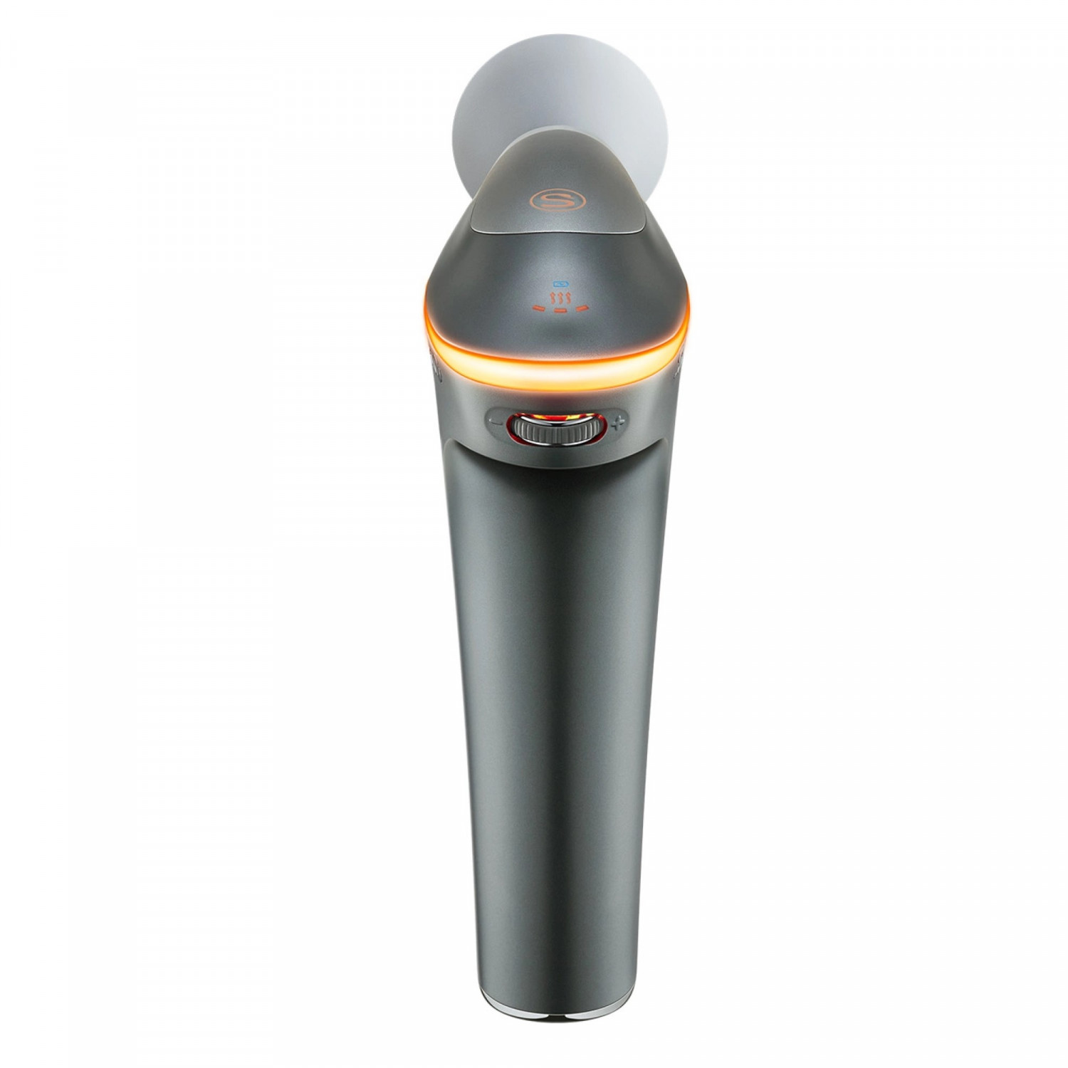 Eine silberfarbene Massagepistole mit orangefarbenem Licht und Bedienelementen.