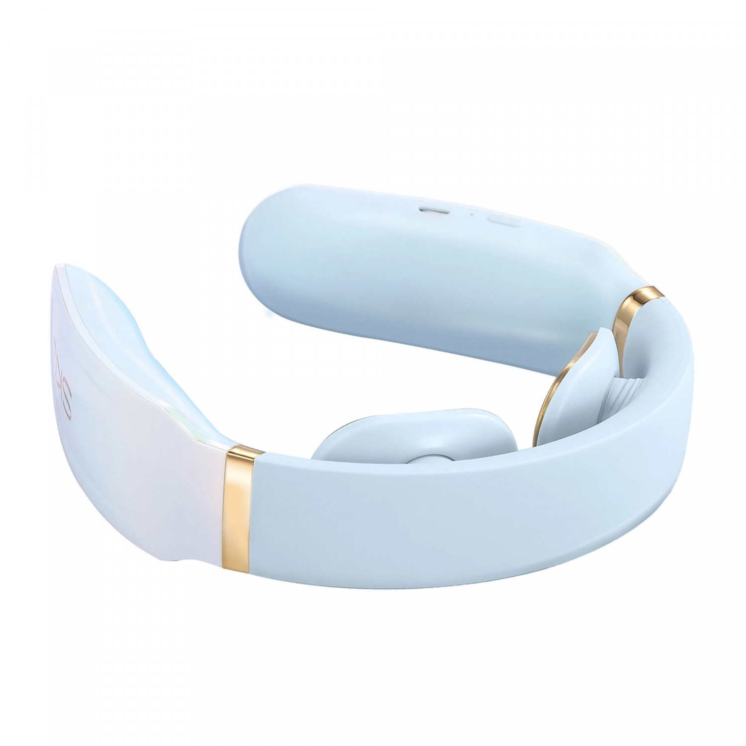 Un massaggiatore per il collo azzurro con dettagli dorati. Ha un design a forma di U e si trova su uno sfondo bianco.