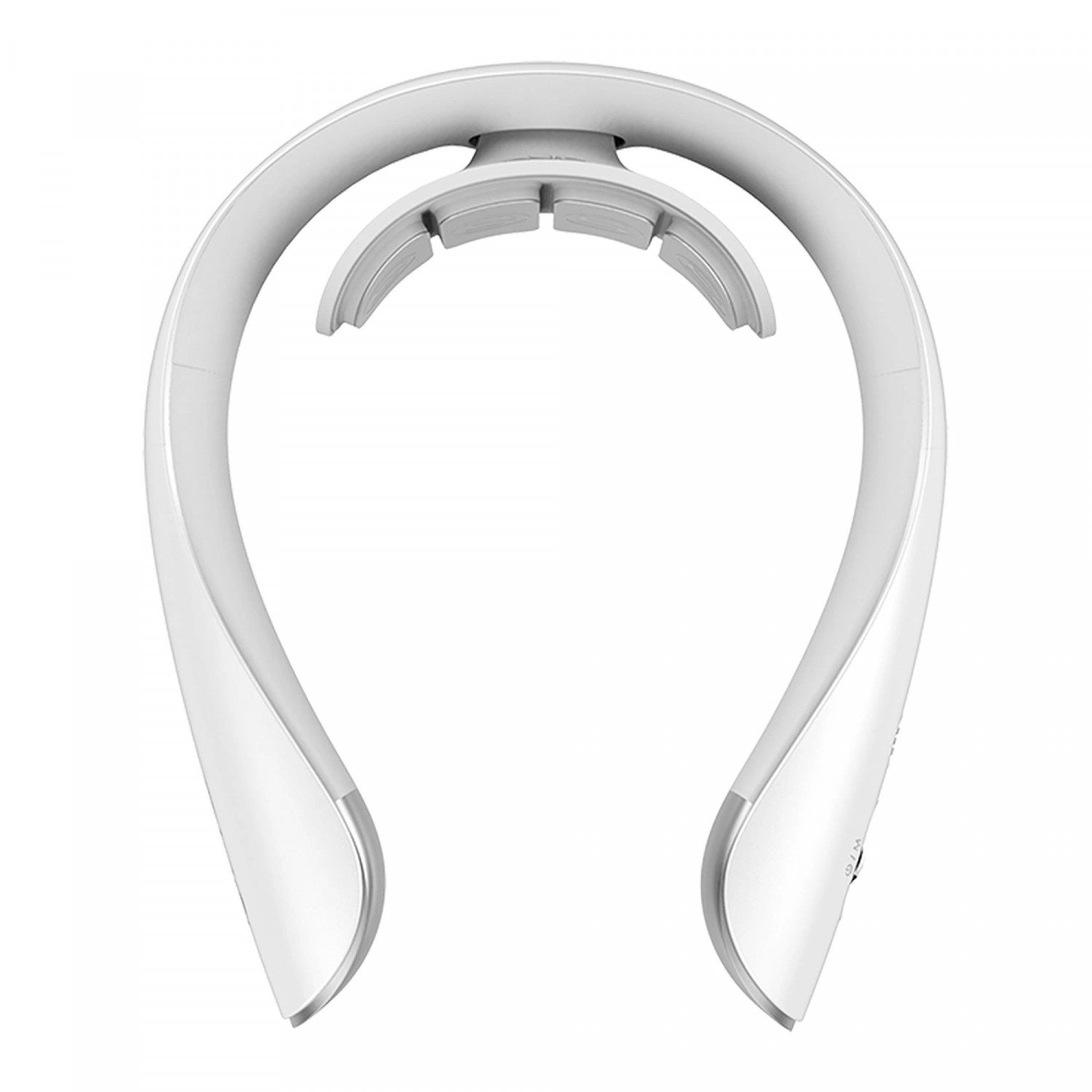 Un massaggiatore per il collo bianco, a forma di U, con dettagli argentati, su sfondo bianco.