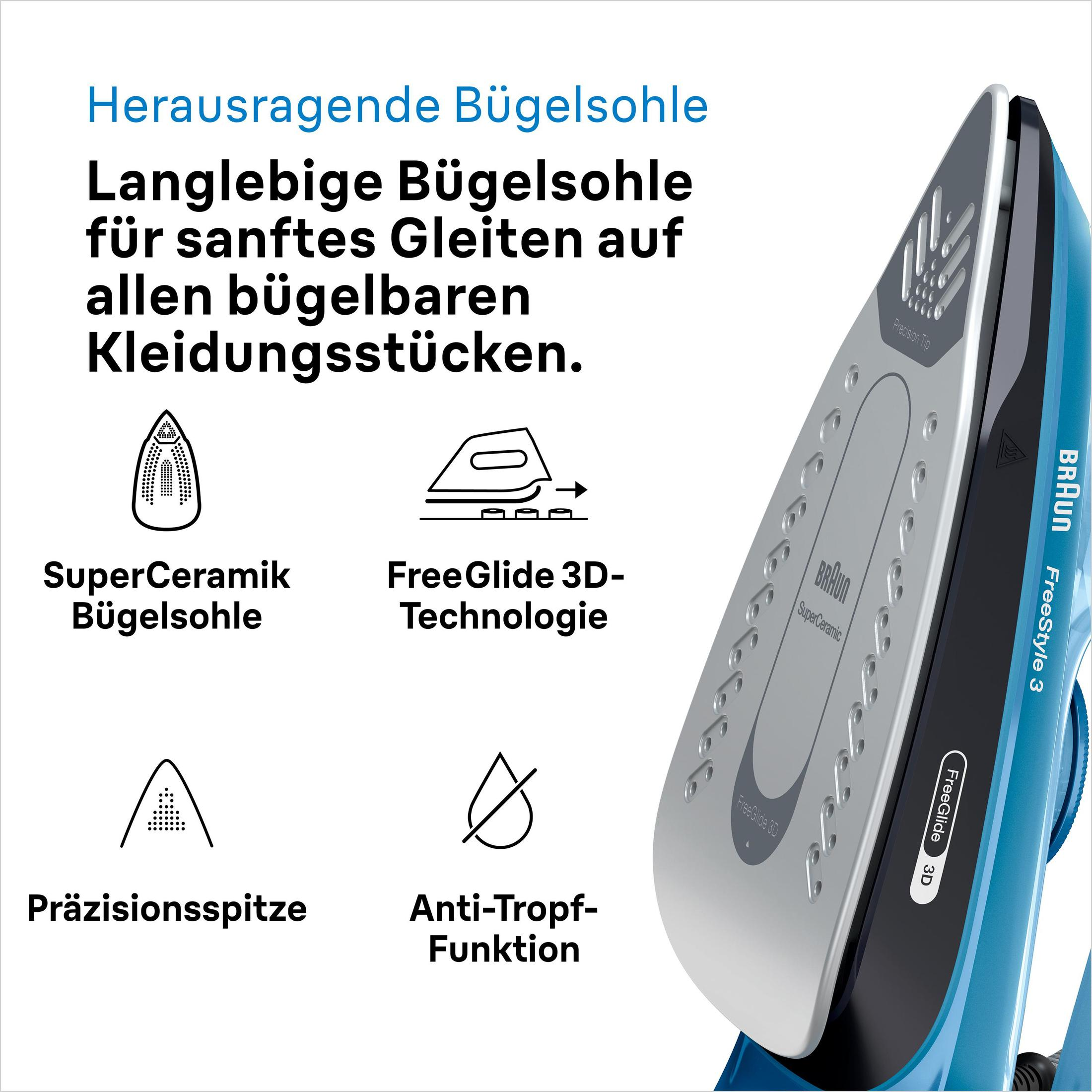 Niebieskie i czarne żelazko z funkcjami takimi jak FreeGlide 3D i stopa SuperCeramic.