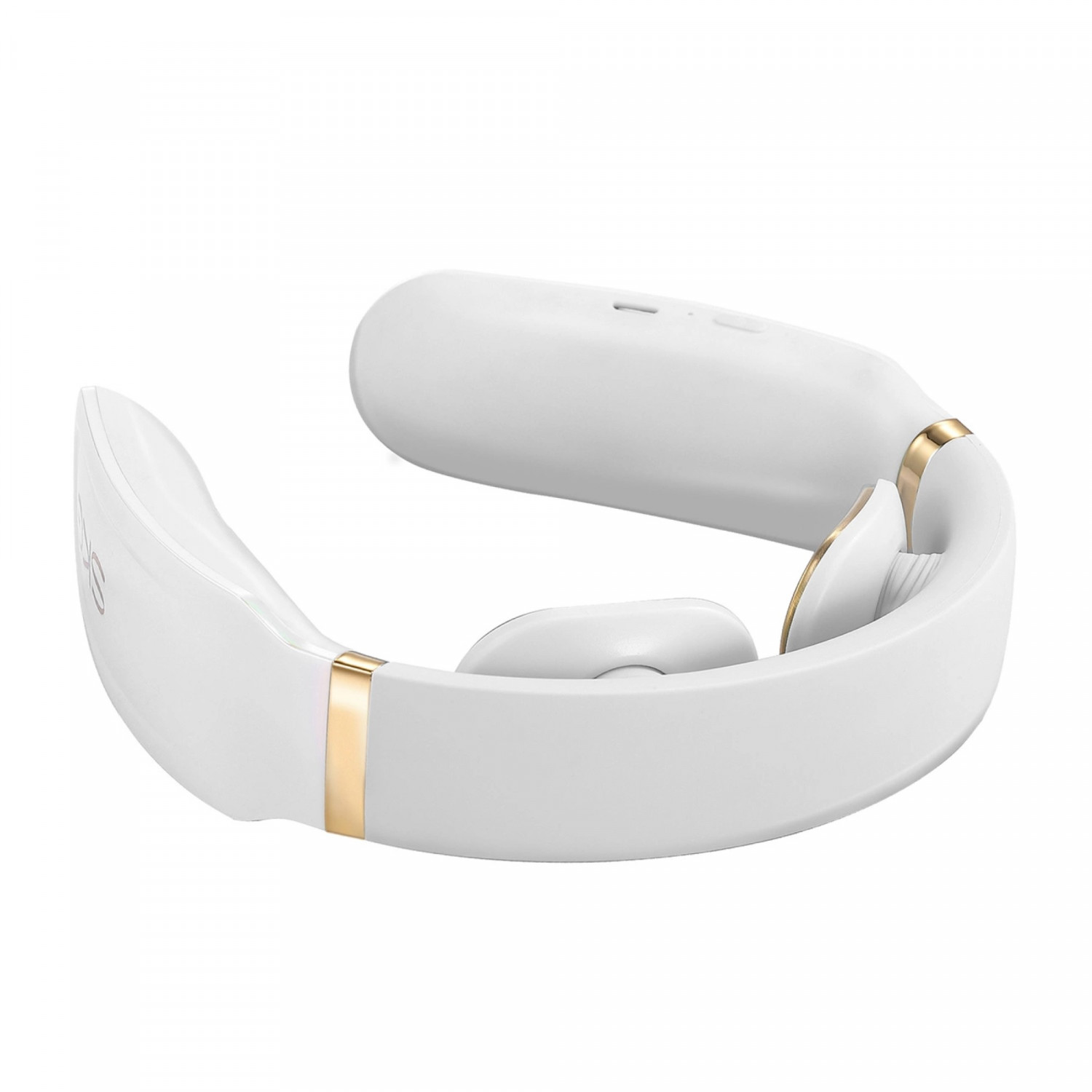 Massaggiatore per il collo bianco con dettagli oro. A forma di U e con pulsanti.