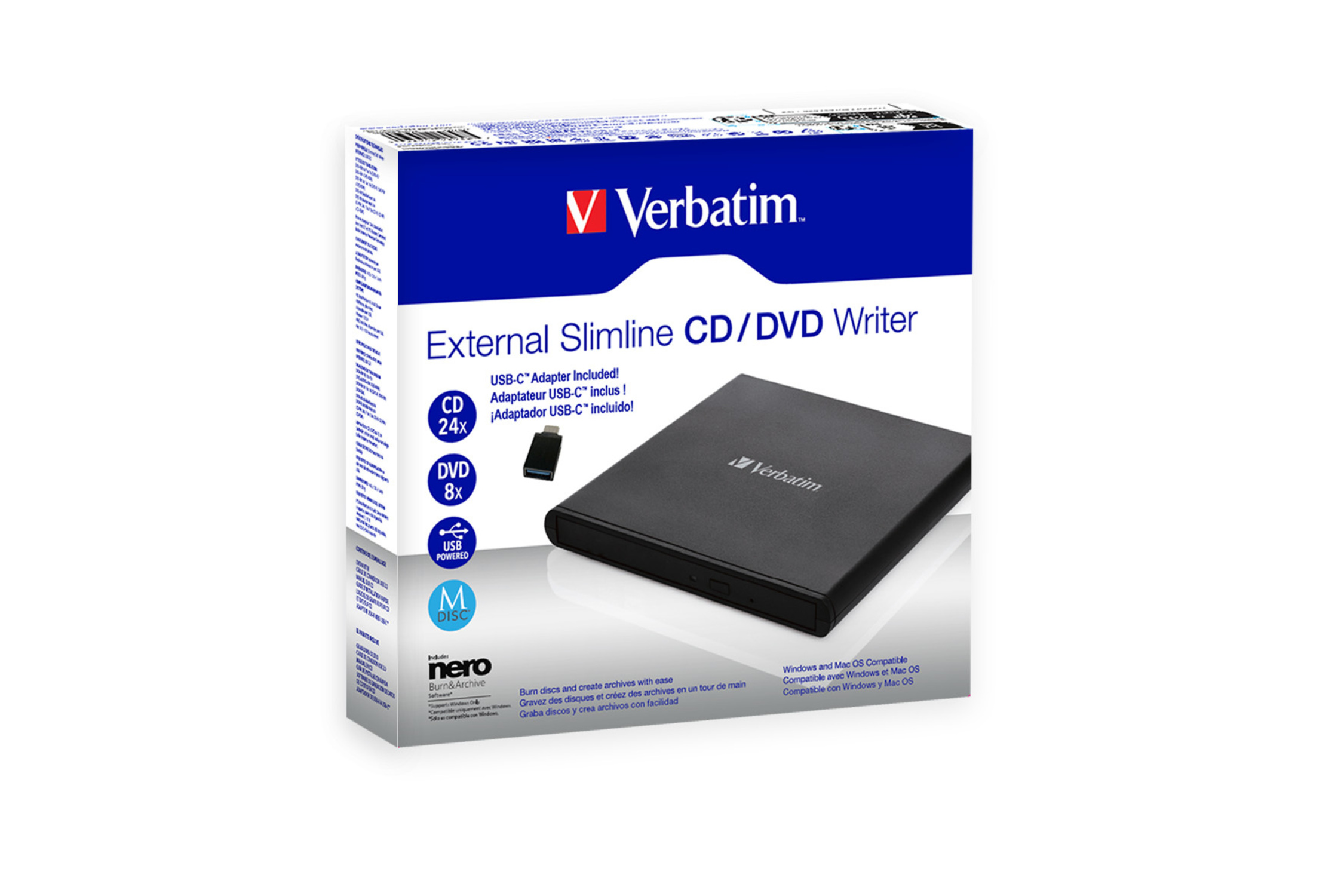 A product box for an external slimline CD/DVD writer.