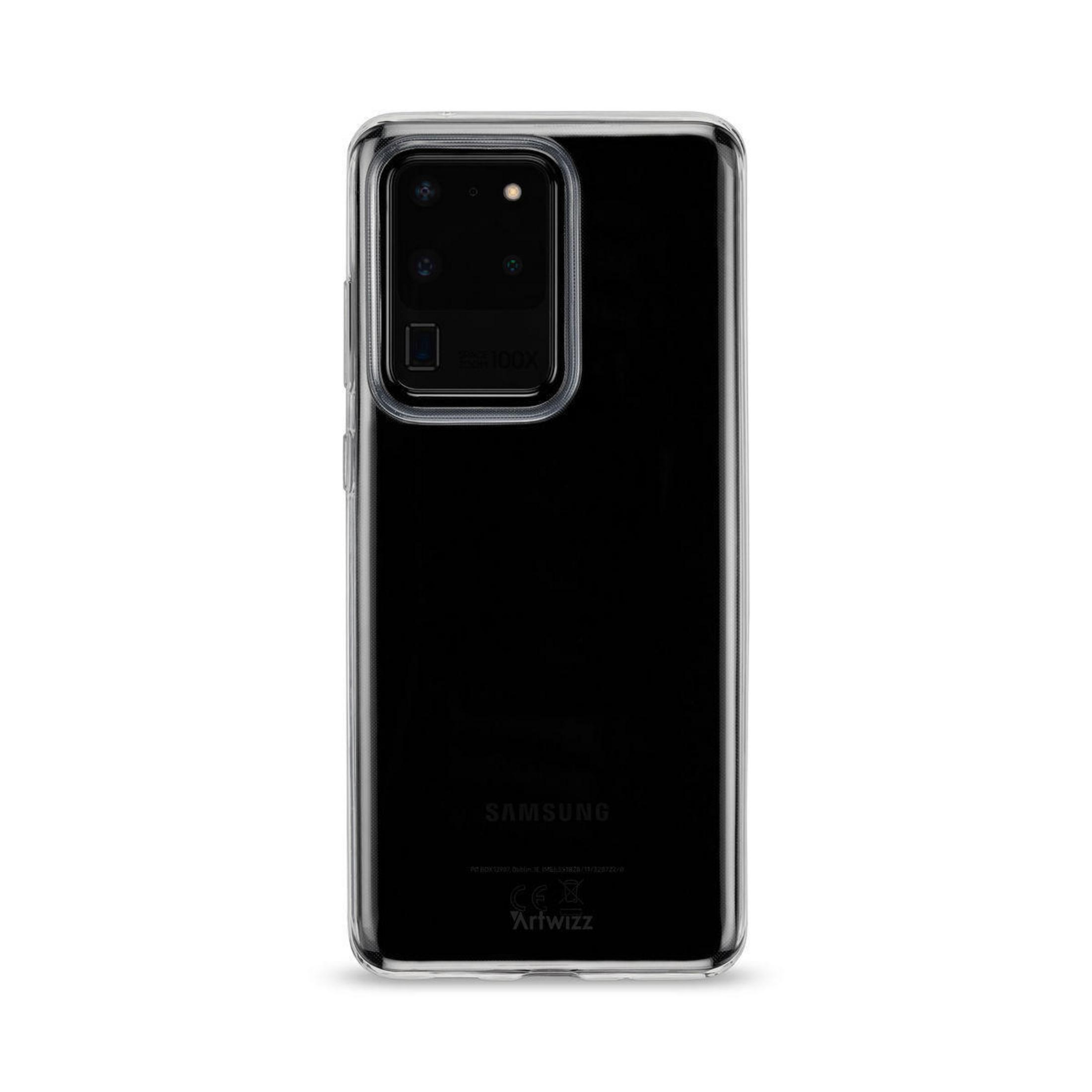 Samsung-Telefon in klarer Hülle. Schwarzes Telefon, Kameramodul sichtbar.