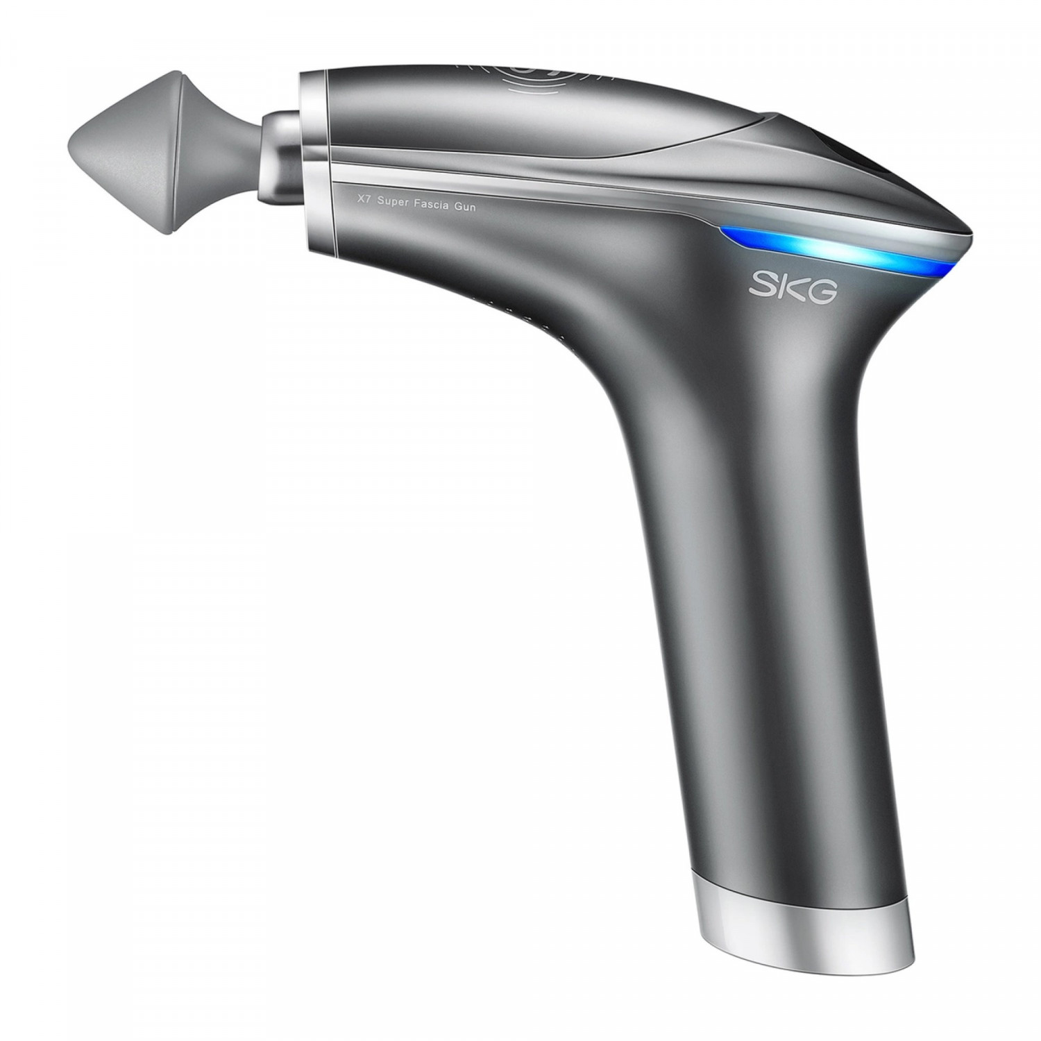 Eine silberne SKG X7 Super Fascia Gun mit grauem Griff und blauem Licht an der Spitze.
