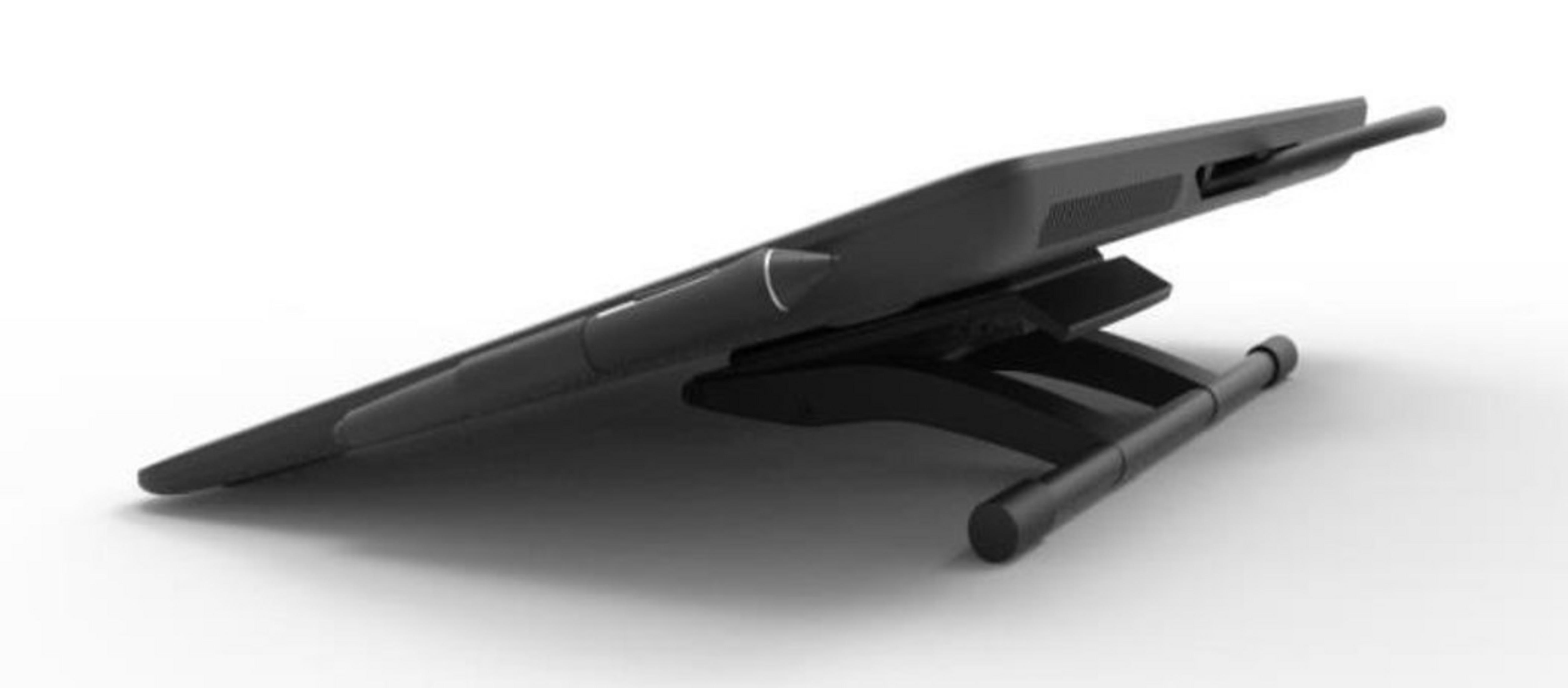Una tableta negra inclinada con soporte. La tableta está sobre una superficie blanca.