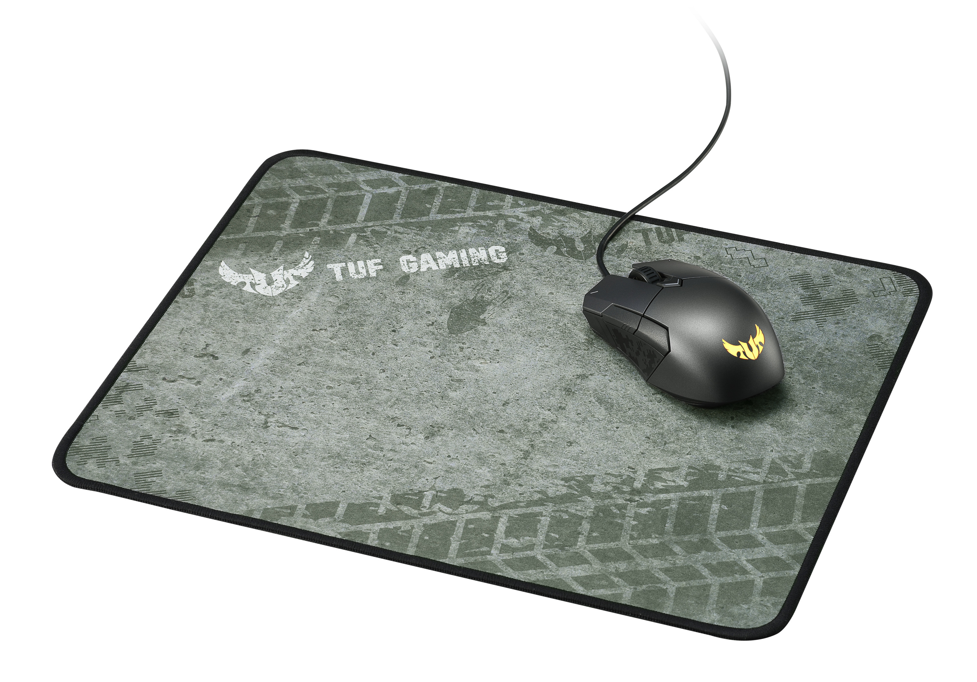 Czarna mysz na szarej podkładce z białym logo i napisem 'TUF GAMING'.