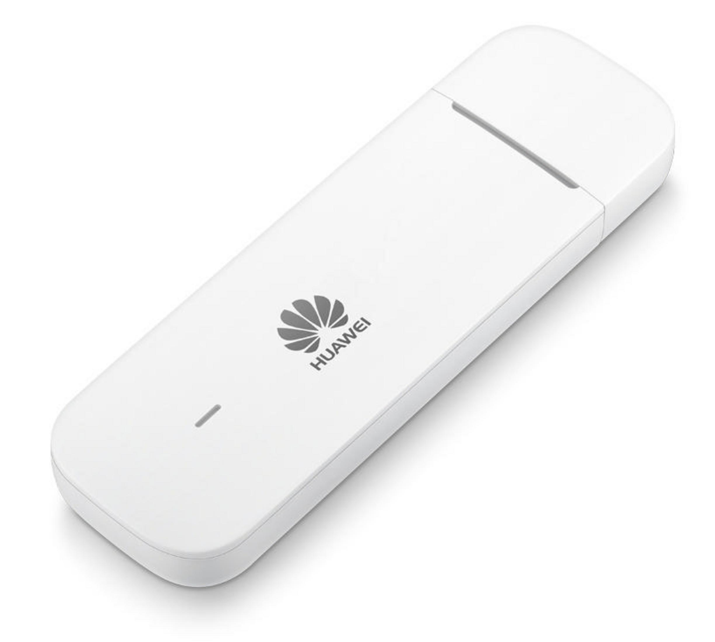 Weißes Huawei USB-Modem. Es hat das Huawei-Logo und eine kleine Kontrollleuchte.