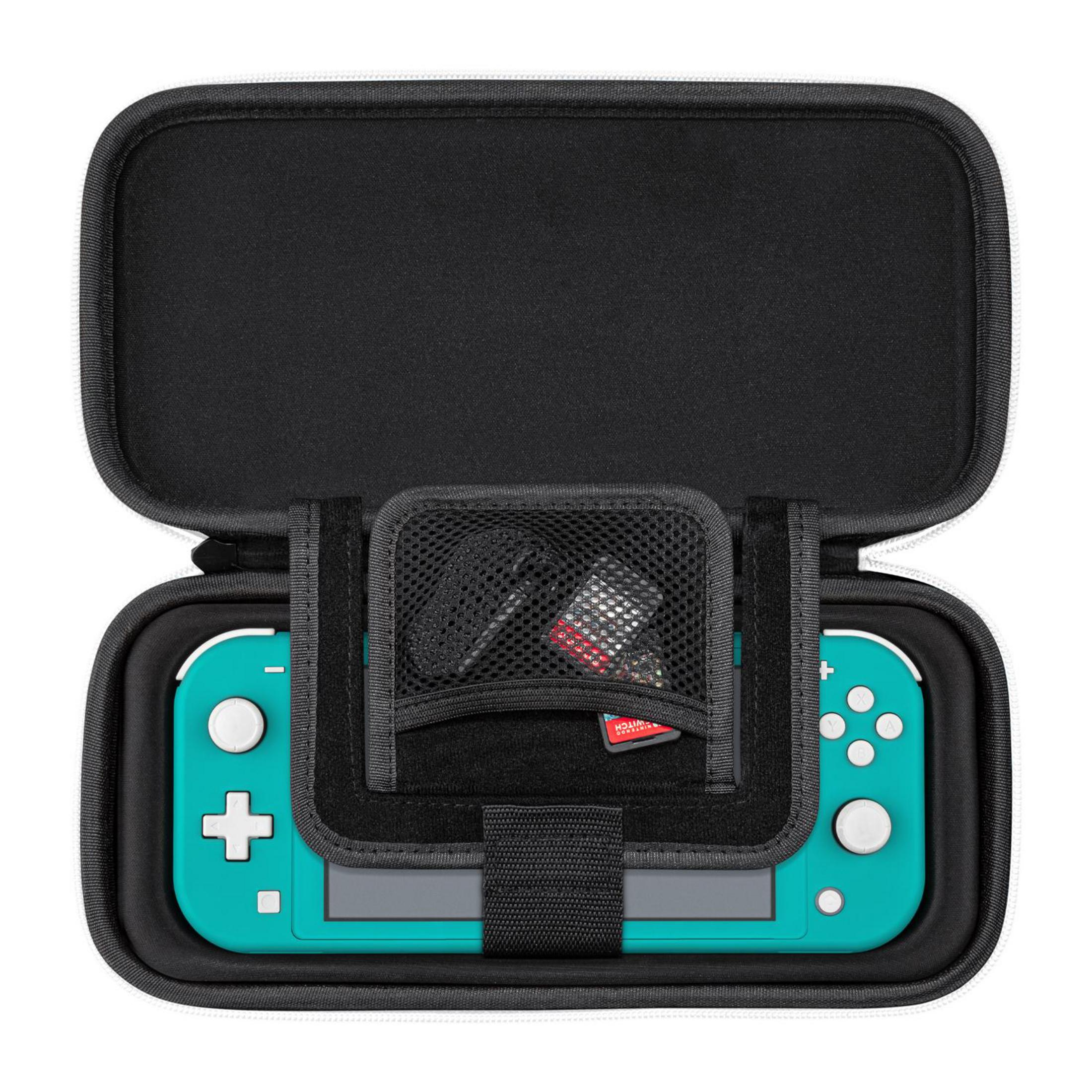 Nintendo Switch Lite en funda blanca y negra con consola turquesa visible.