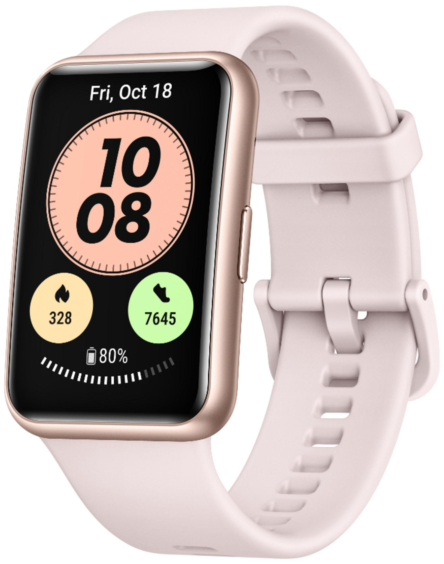 Eine roségoldene Smartwatch mit rechteckigem Bildschirm, der Datum, Uhrzeit und Gesundheitsdaten anzeigt, mit pinkfarbenem Armband.
