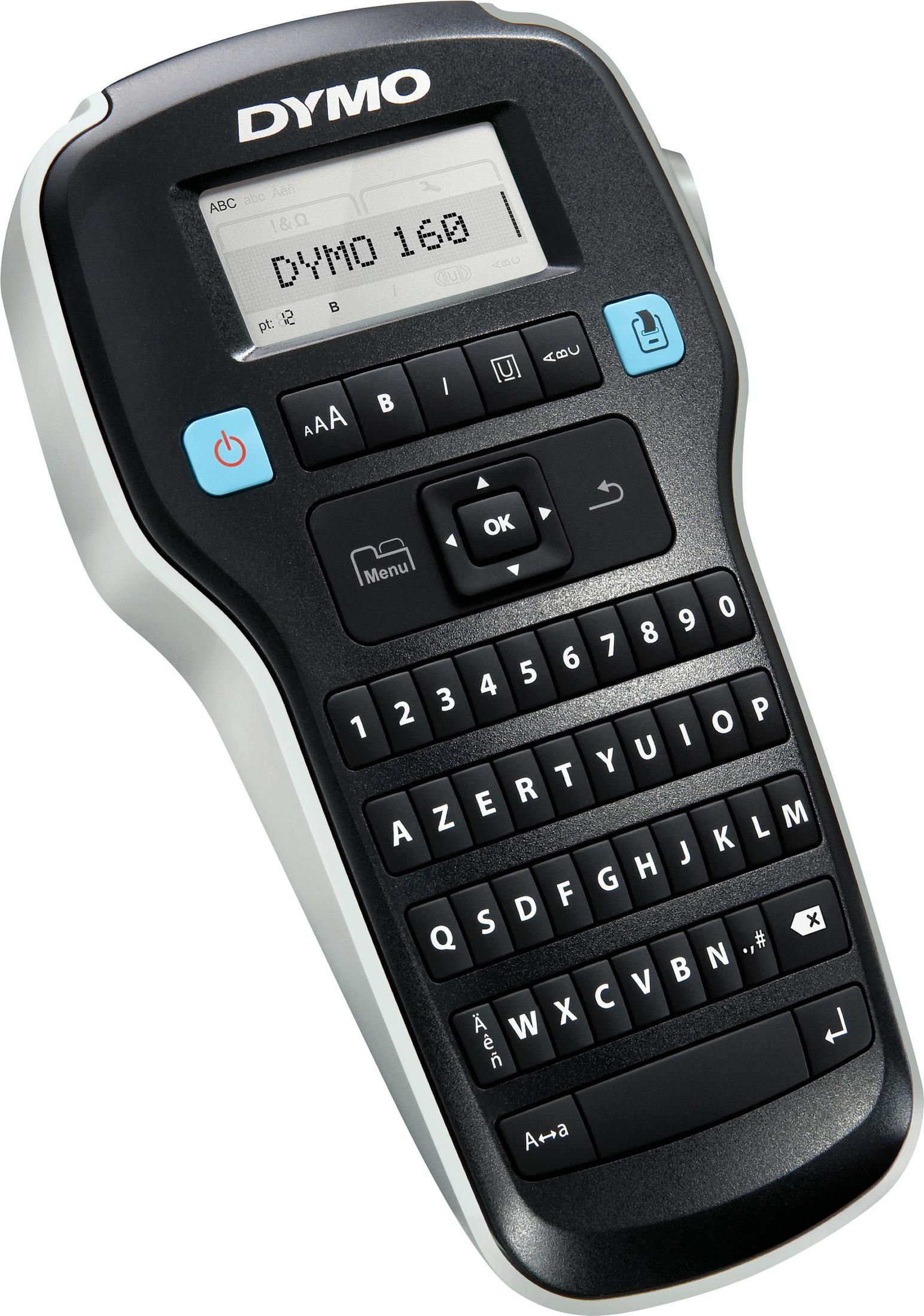 Ein schwarz-weißes DYMO-Etikettiergerät mit QWERTZ-Tastatur und kleinem Bildschirm mit Text.