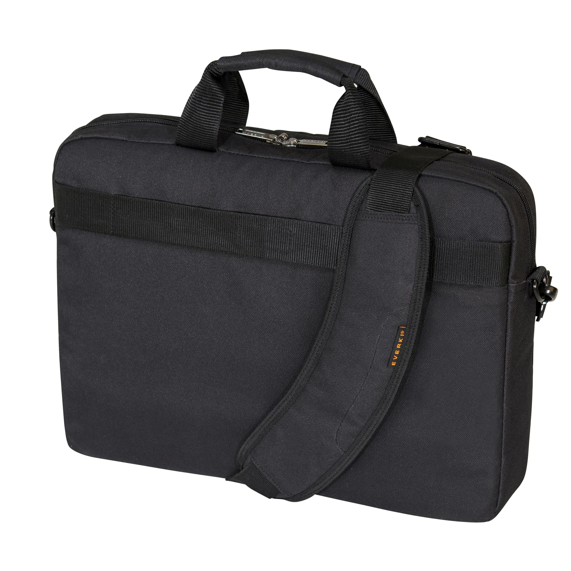 Una borsa nera per laptop con tracolla, cerniera e maniglia su sfondo bianco.